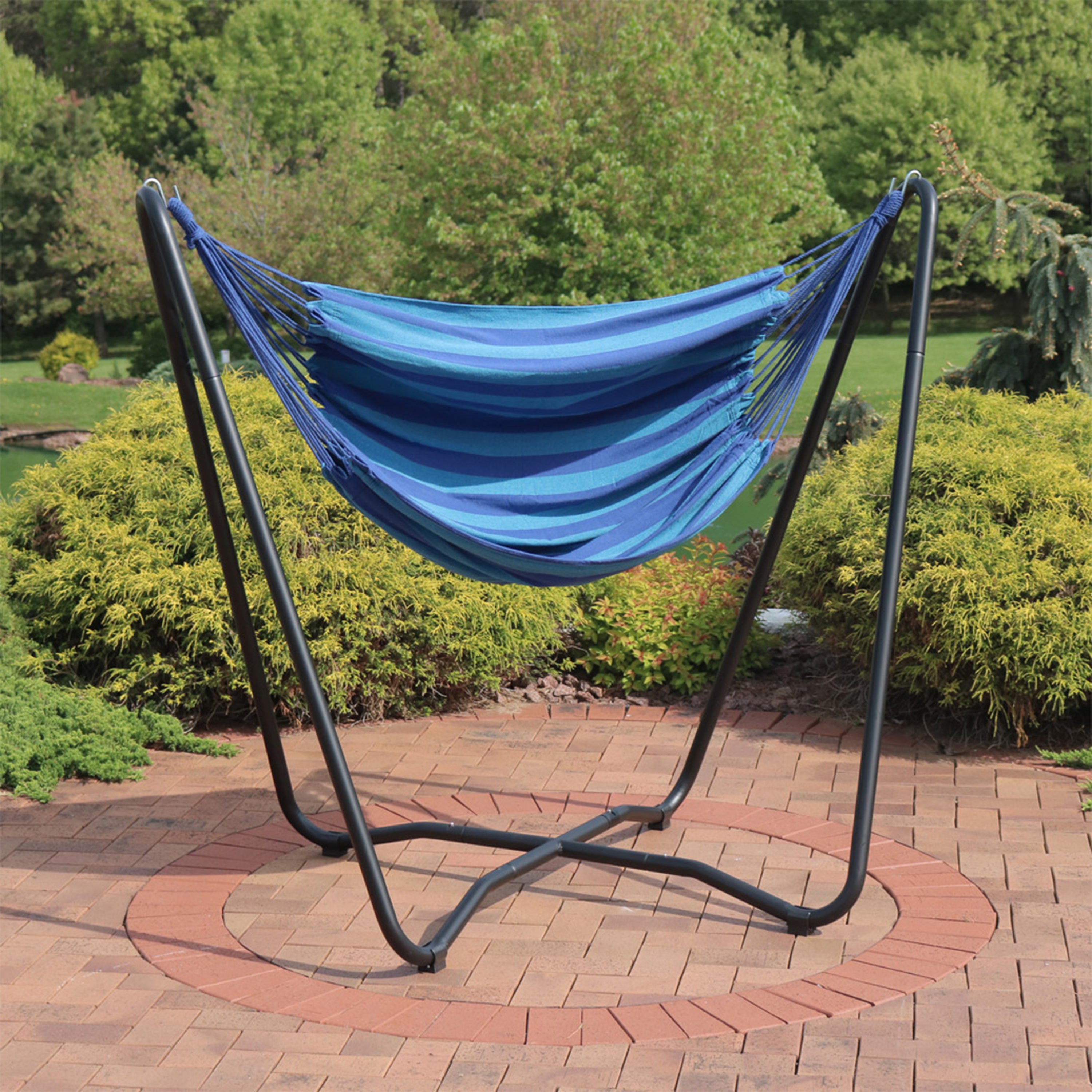 Sunnydaze Hanging Rope Hammock Chair with Space-Saving Stand - Indoor/Outdoor Swing Chair for Patio, Garden, Balcony & Bedroom Relaxation
