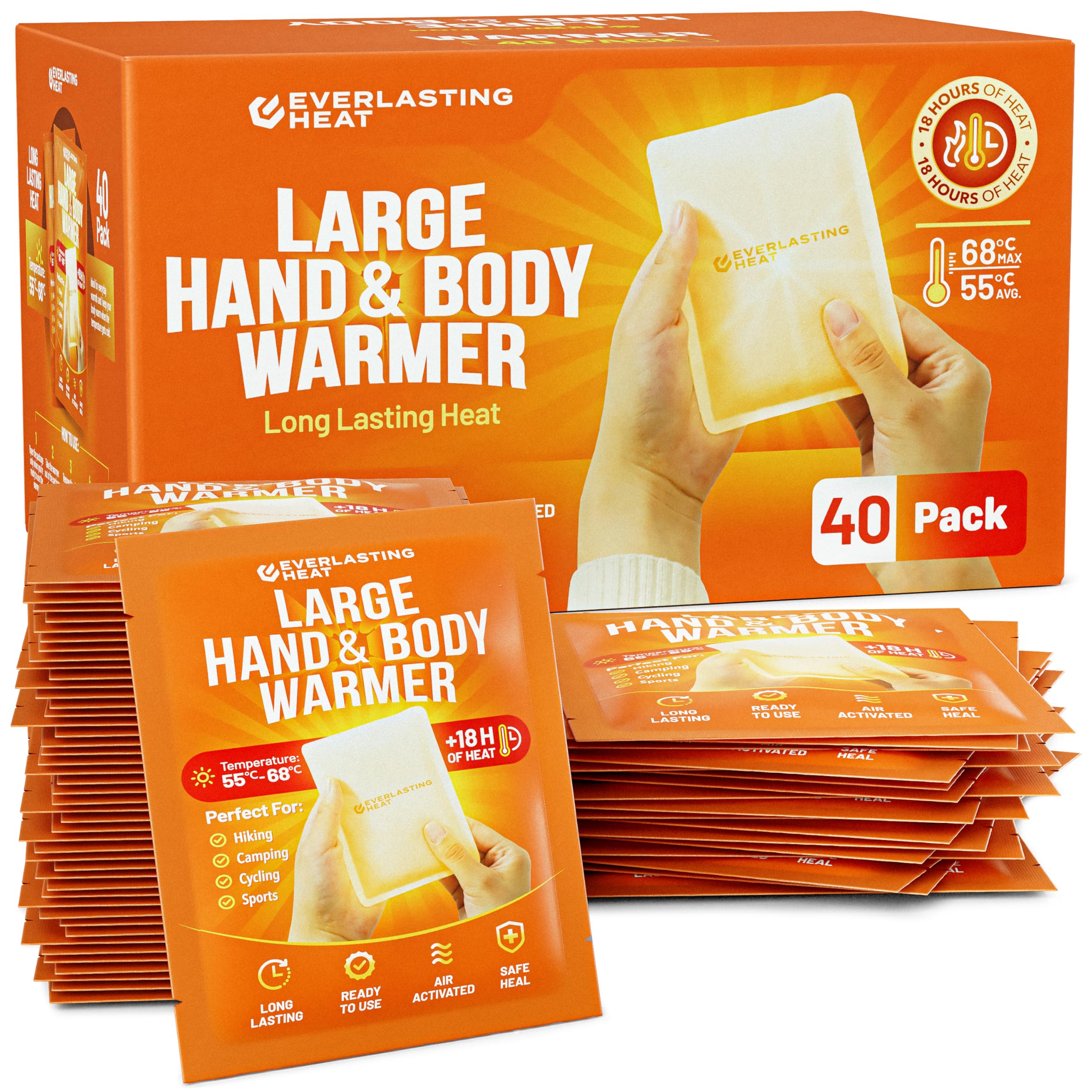XL Hand Warmers & Body Warmers 40 Pairs - 18 Hours Long-Lasting Heat for Cold Weather - Air-Activated Warmers for Hands, Feet & Body - TSA Approved for Travel & Outdoor Activities