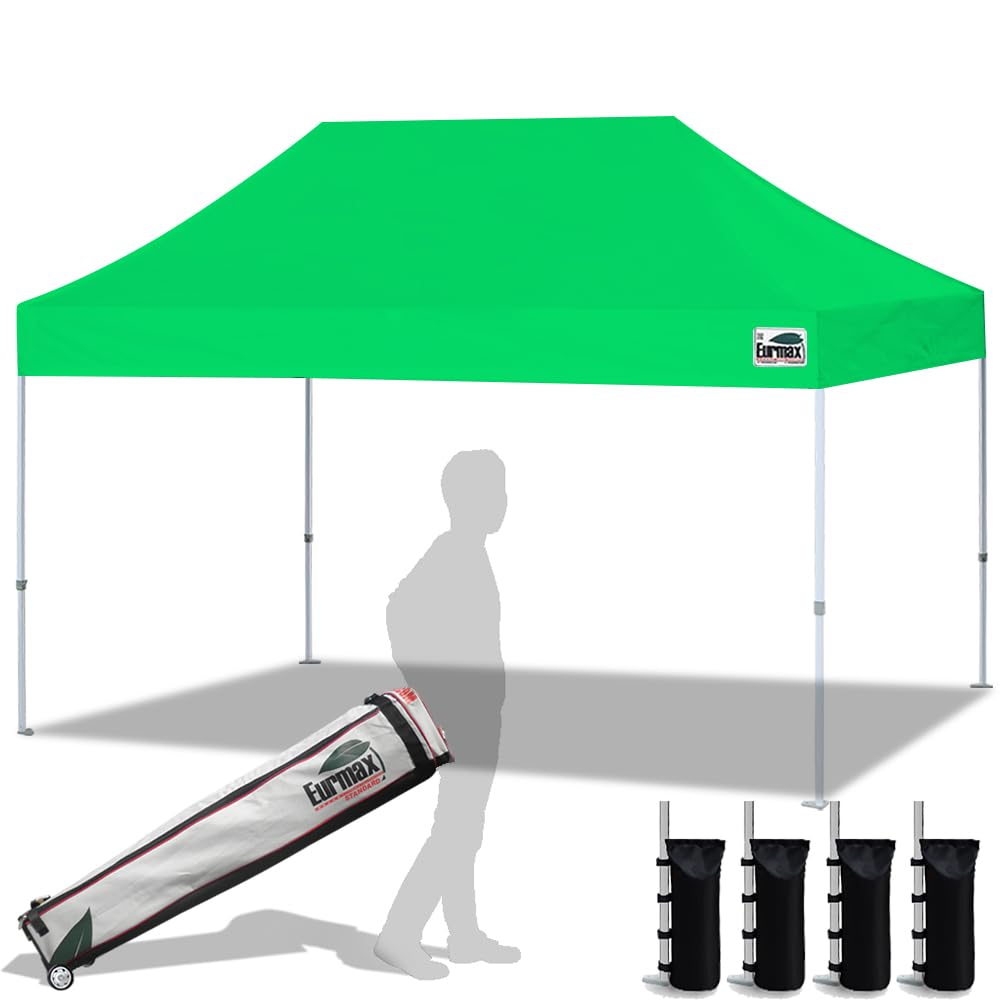Eurmax USA 10x15 Feet Heavy Duty Pop Up Canopy Tent - Commercial Grade Instant Shelter with Roller Bag & 4 Sand Weight Bags (Kelly Green) - Perfect for Outdoor Events, Farmers Markets, Beach Parties, and Camping
