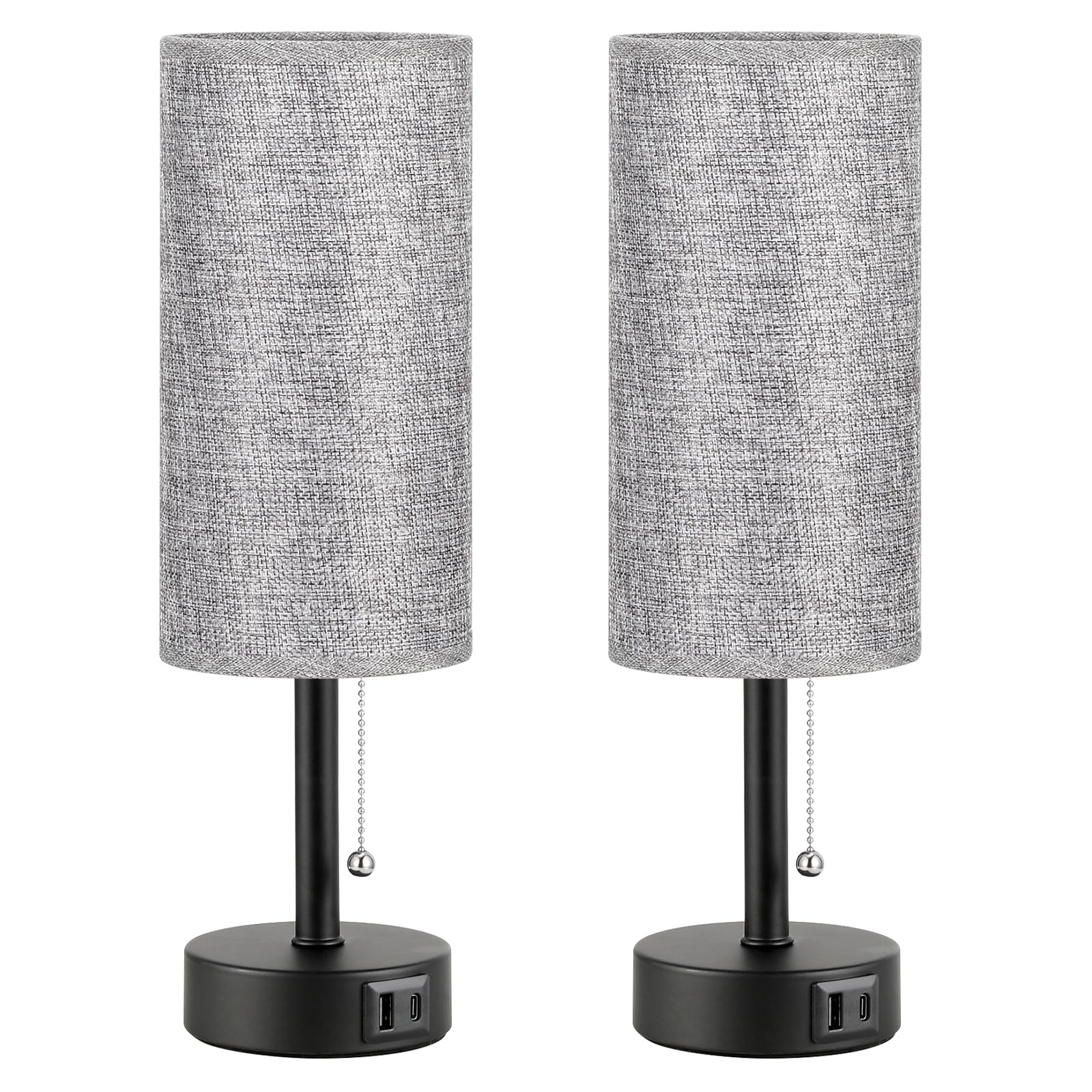 Set of 2 Grey Bedside Lamps - 14 Inch Nightstand Table Lamps with USB A+C Charging Ports, 3-Way Color Temperature, Pull Chain Switch | Perfect for Bedroom, Dorm Room, Office Desk & Reading Nook Lighting