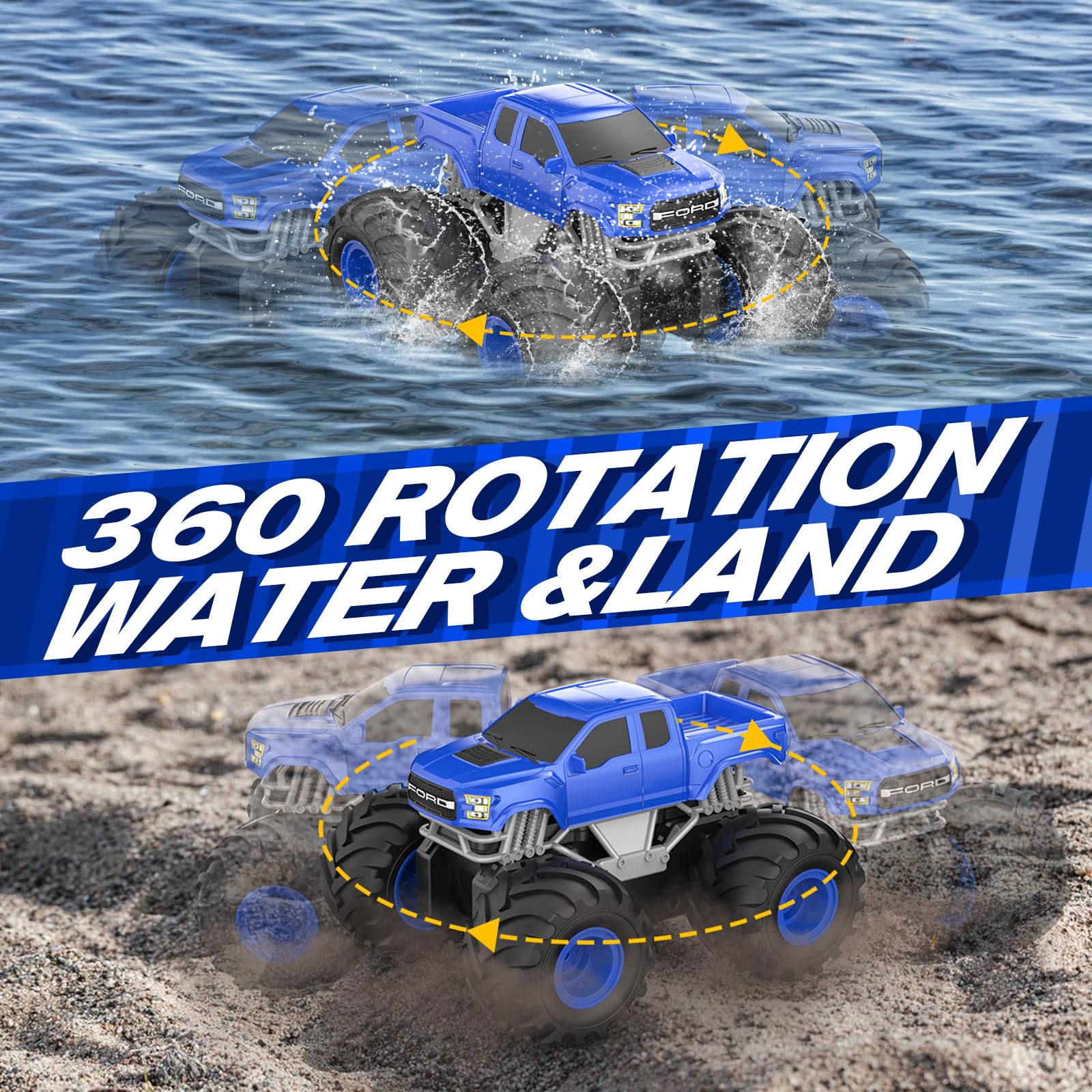 Double E Ford Amphibious Remote Control Car - 4WD Waterproof RC Monster Truck with Dual Motors, 2.4Ghz All Terrain Off Road Vehicle - Perfect Gift for Boys & Girls Ages 6+ (Blue) - Great for Beach, Pool, Mud & Snow Adventures