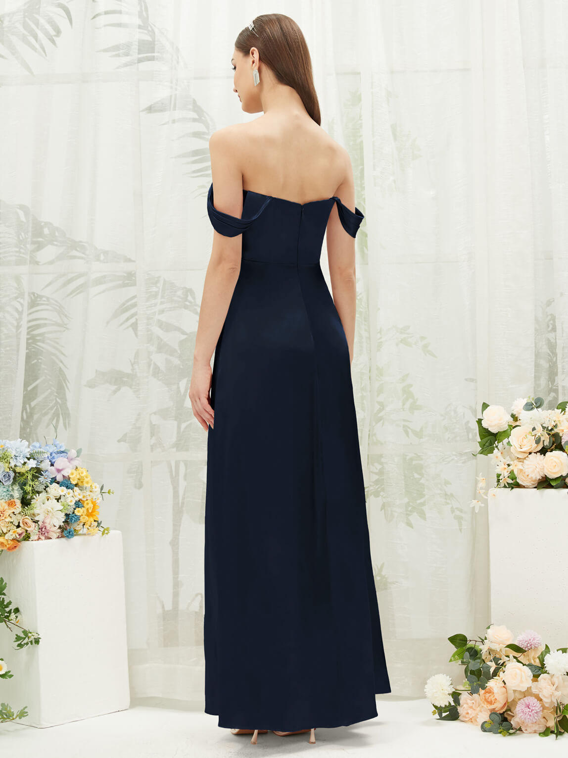 Elegant Dark Navy Satin Convertible Bridesmaid Dress with High Slit & Floor Length - Perfect for Weddings, Formal Events & Evening Parties