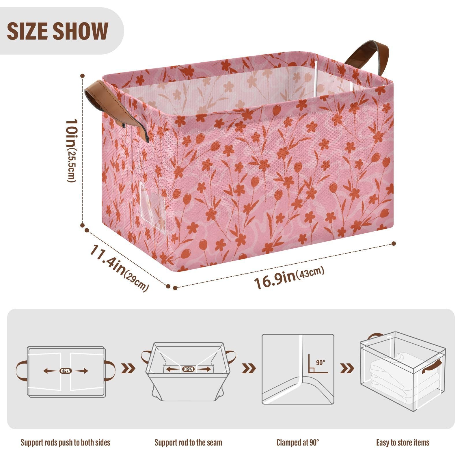 Red Floret Collapsible Fabric Storage Baskets with Handles - 2 Pack Foldable Home Organizer Boxes for Makeup, Books, Toys & Shelves | Perfect for Living Room, Bedroom & Office Organization