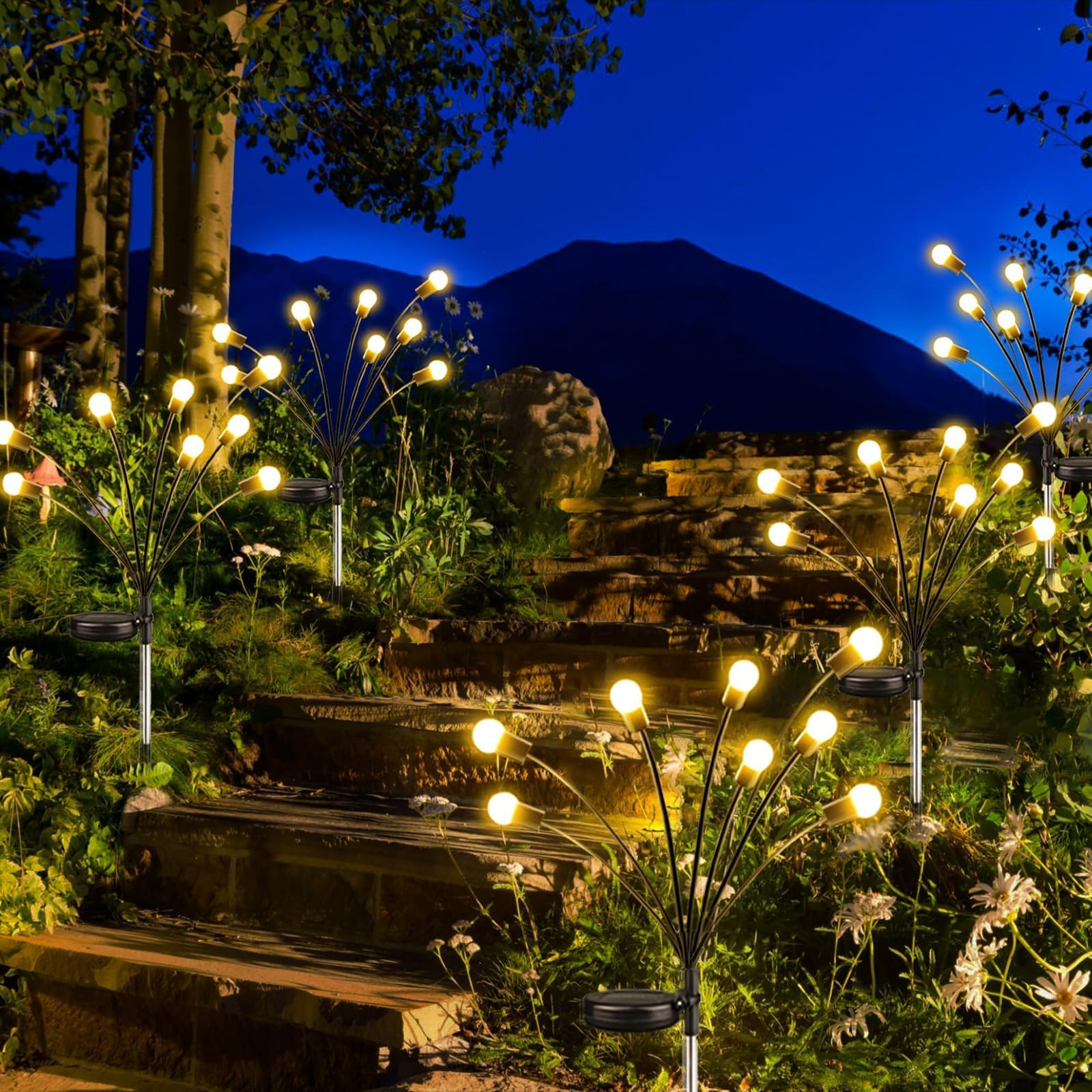Upgraded 4 Pack Solar Firefly Lights Outdoor - Waterproof Solar Garden Lights with Swaying Effect for Yard, Patio, Pathway & Wedding Decor (Warm White) | Perfect for Landscape Lighting, Backyard Ambiance & Evening Outdoor Parties