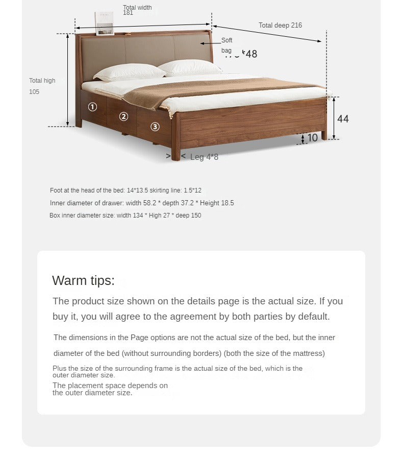 Solid Black Walnut Wood Leather-Upholstered Drawer Box Bed - Nordic Style Platform Bed with Storage for Modern Bedroom