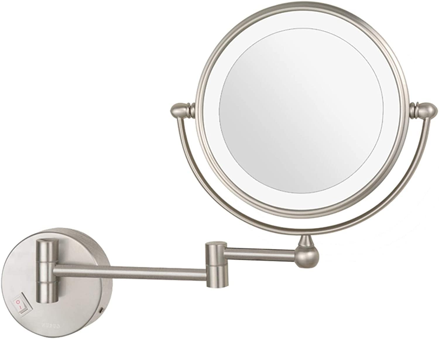 8 Inch Double Sided LED Makeup Mirror with Lights - 1X & 7X Magnification, 360° Swivel & Extendable Brass Wall-Mounted Vanity Mirror for Bathroom, Dressing Room & Makeup Studio (Nickel Finish)