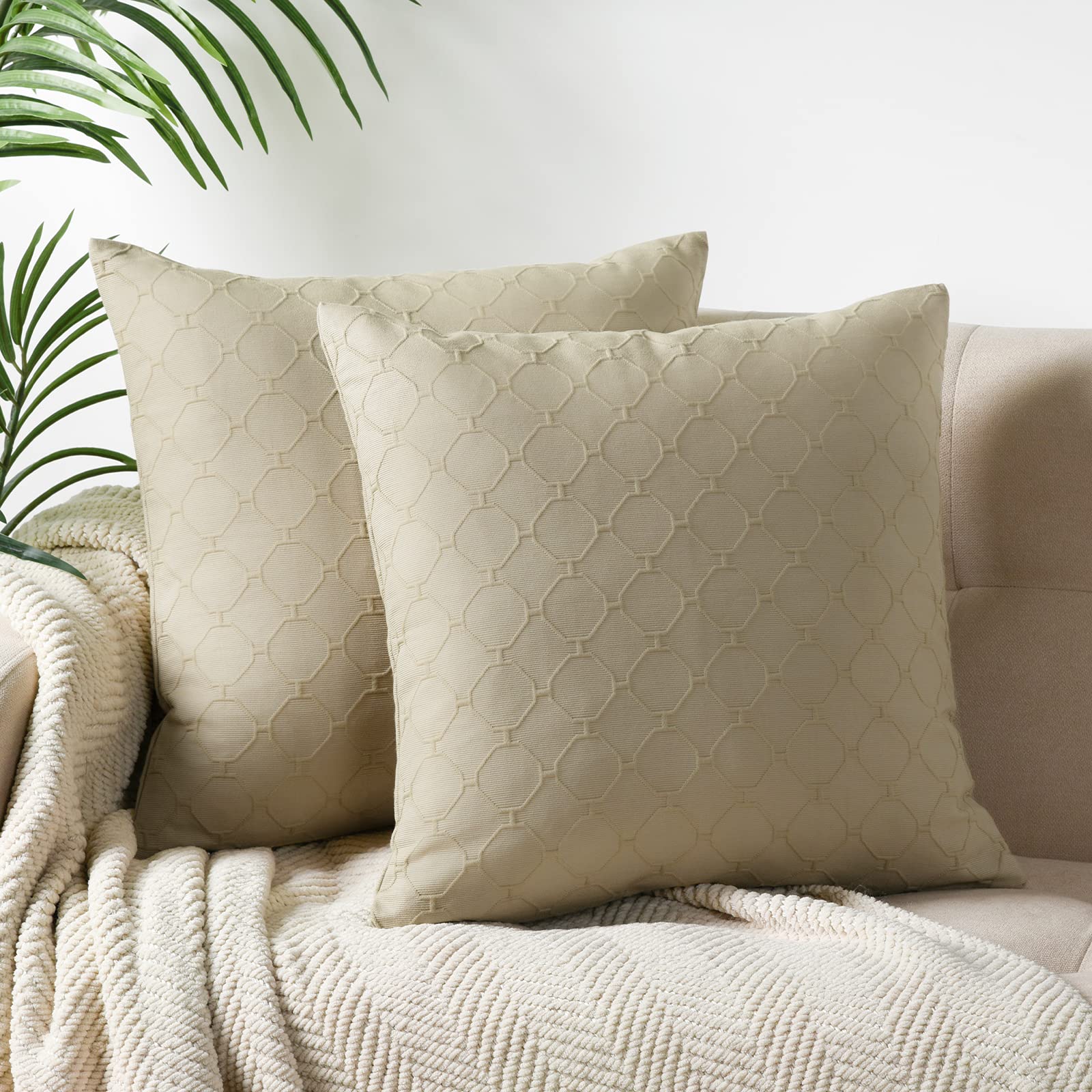 PHF Matelasse Textured Throw Pillow Covers 18x18 Inch - Set of 2 100% Natural Cotton Jacquard Square Pillow Cases for Sofa, Couch & Bed Decor - No Insert Included - Khaki Home Accent for Living Room, Bedroom & Dorm