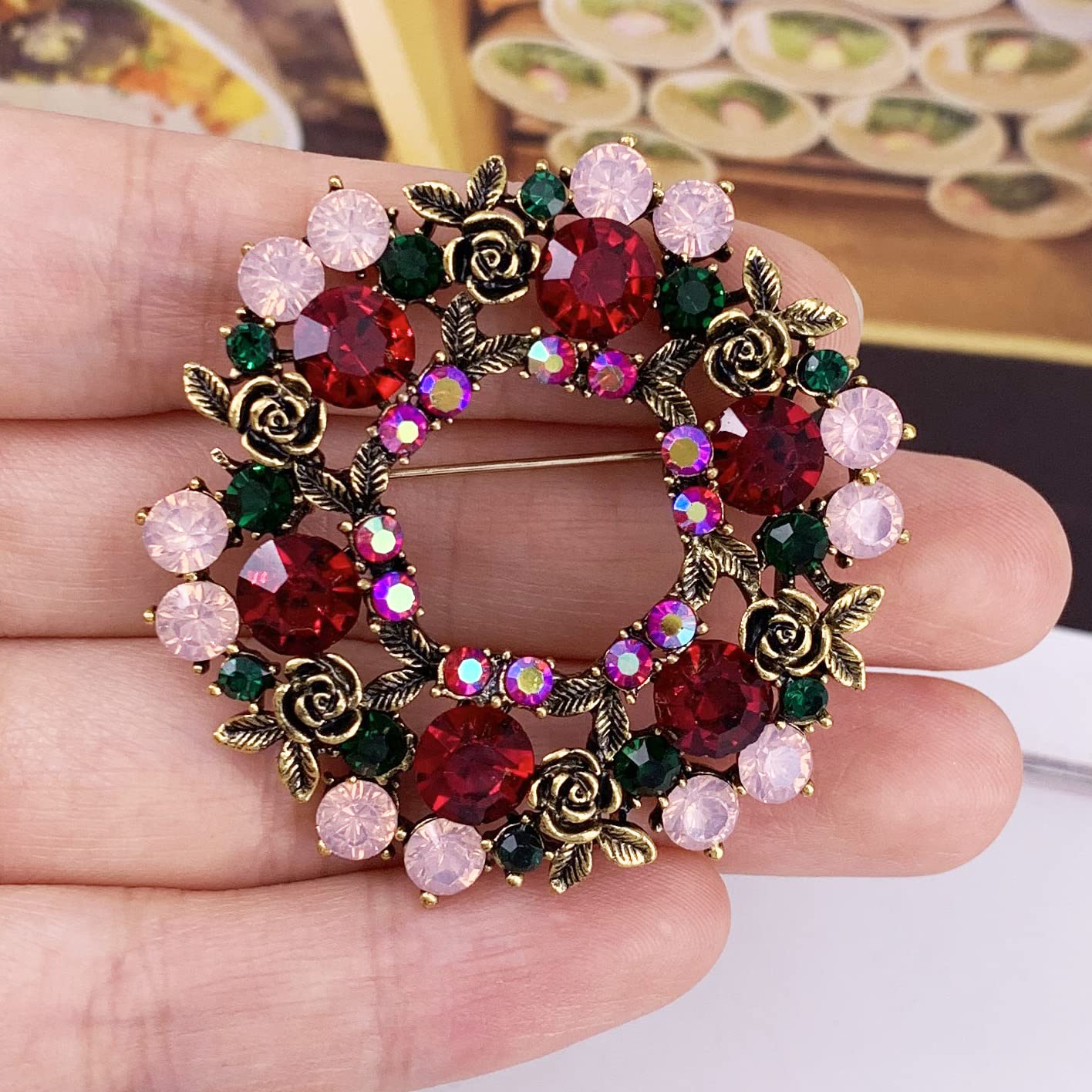 SELOVO Red Rose Flower Brooch Pin with Rhinestones - Elegant Vintage Lover's Jewelry for Women - Perfect for Weddings, Parties, and Special Occasions