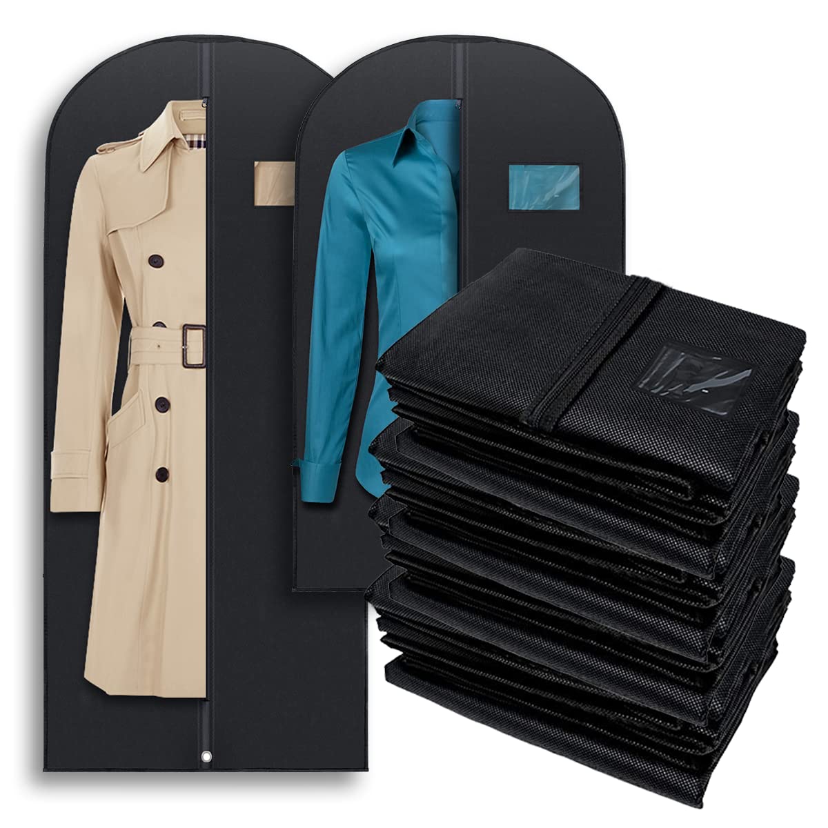 Plixio Garment Bags for Travel - 100 Pack Mixed Sizes Suit Bags with Zipper & Clear Window - Perfect for Dresses, Shirts, Coats Storage - Ideal for Business Trips, Weddings & Closet Organization (Black)