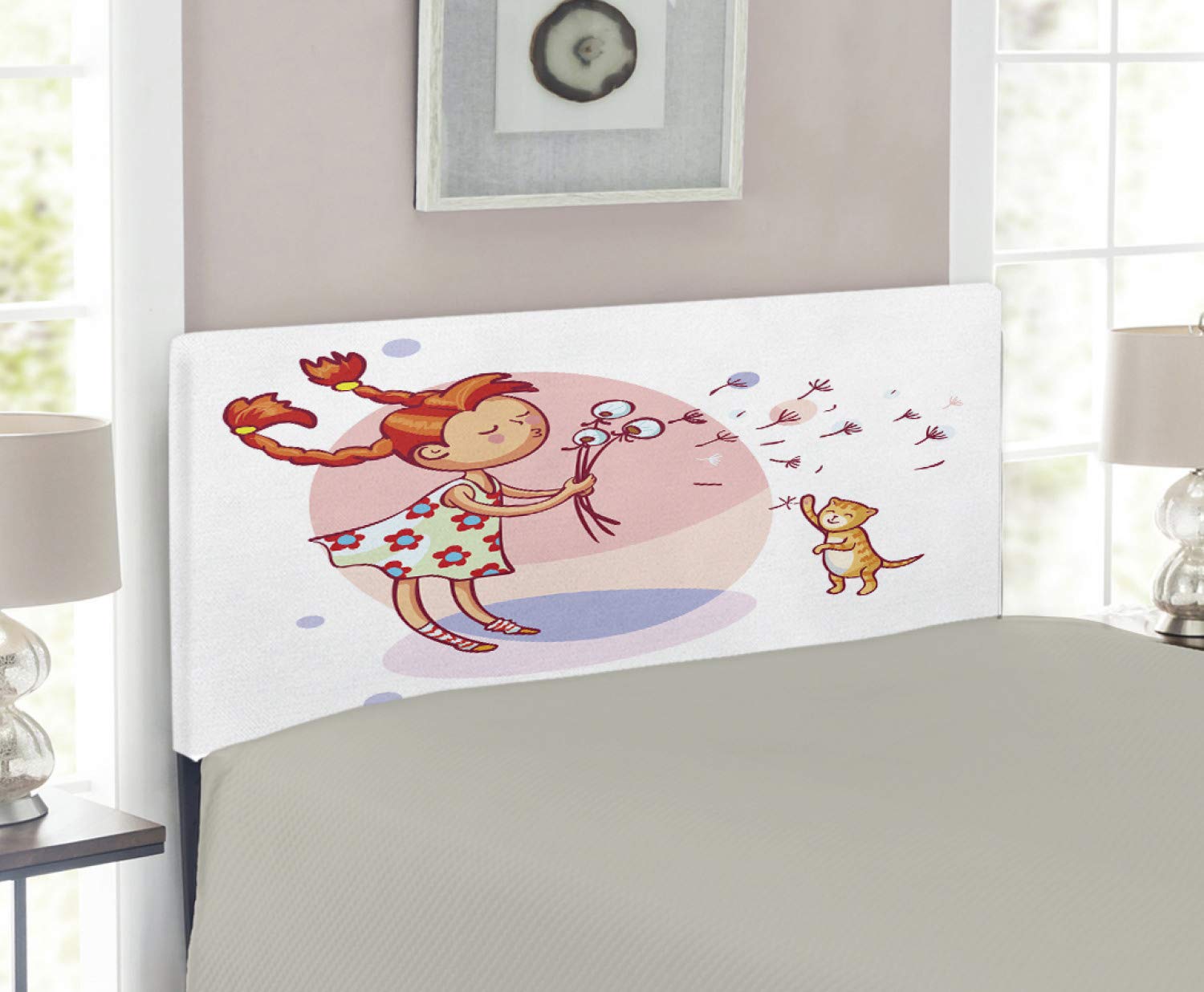 Ambesonne Twin Size Upholstered Metal Headboard with Memory Foam - Pastel Dandelion Cartoon Design Featuring Girl Playing with Cat | Decorative Bed Headboard for Kids & Teens Bedrooms | Perfect for Nursery, Dorm Room or Guest Bed