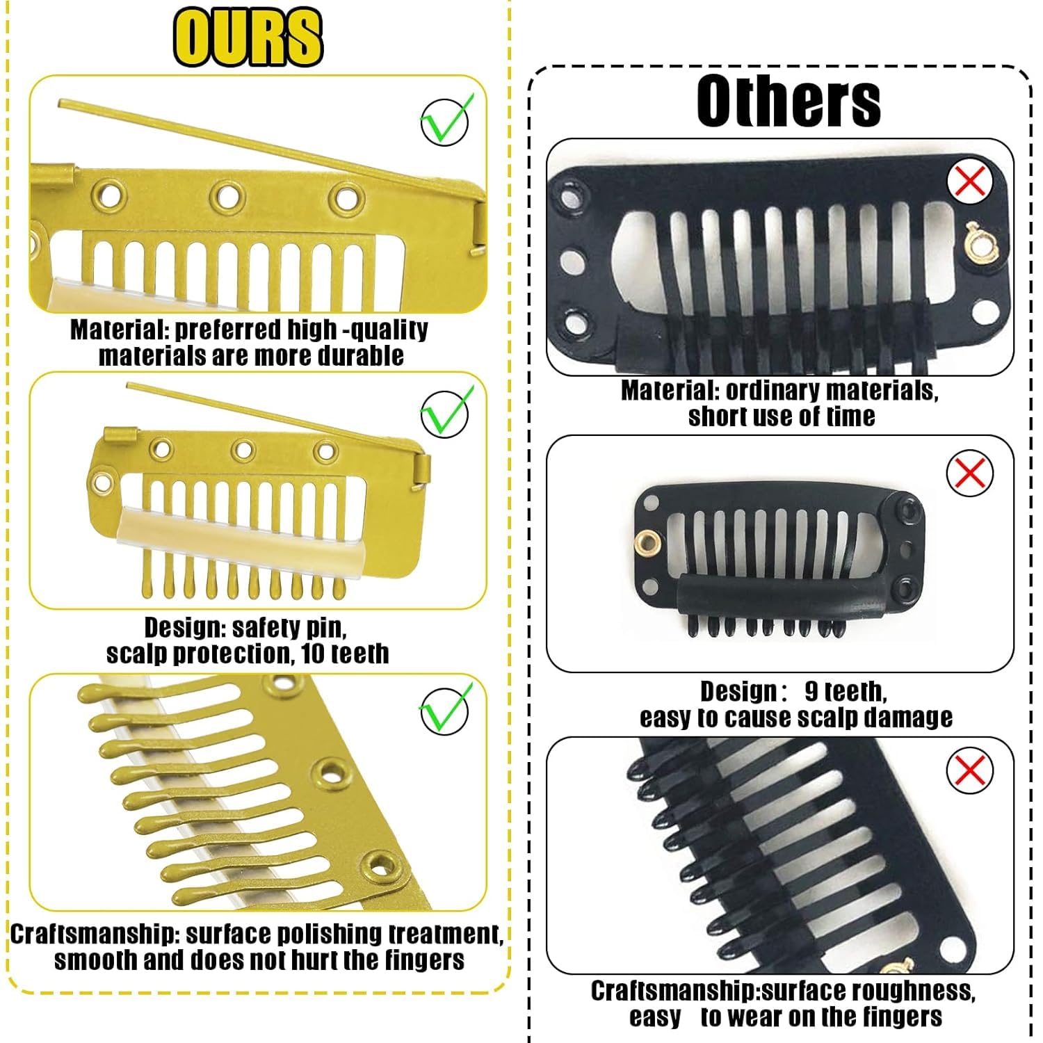 ADRONISH 4-Piece Strong Grip Wig Clips with Safety Pins - 10 Teeth Dupatta Hair Extension Clips for Women (Gold & Black) - Perfect for Securing Wigs, Dupattas, and Hair Extensions for Daily Wear or Special Occasions