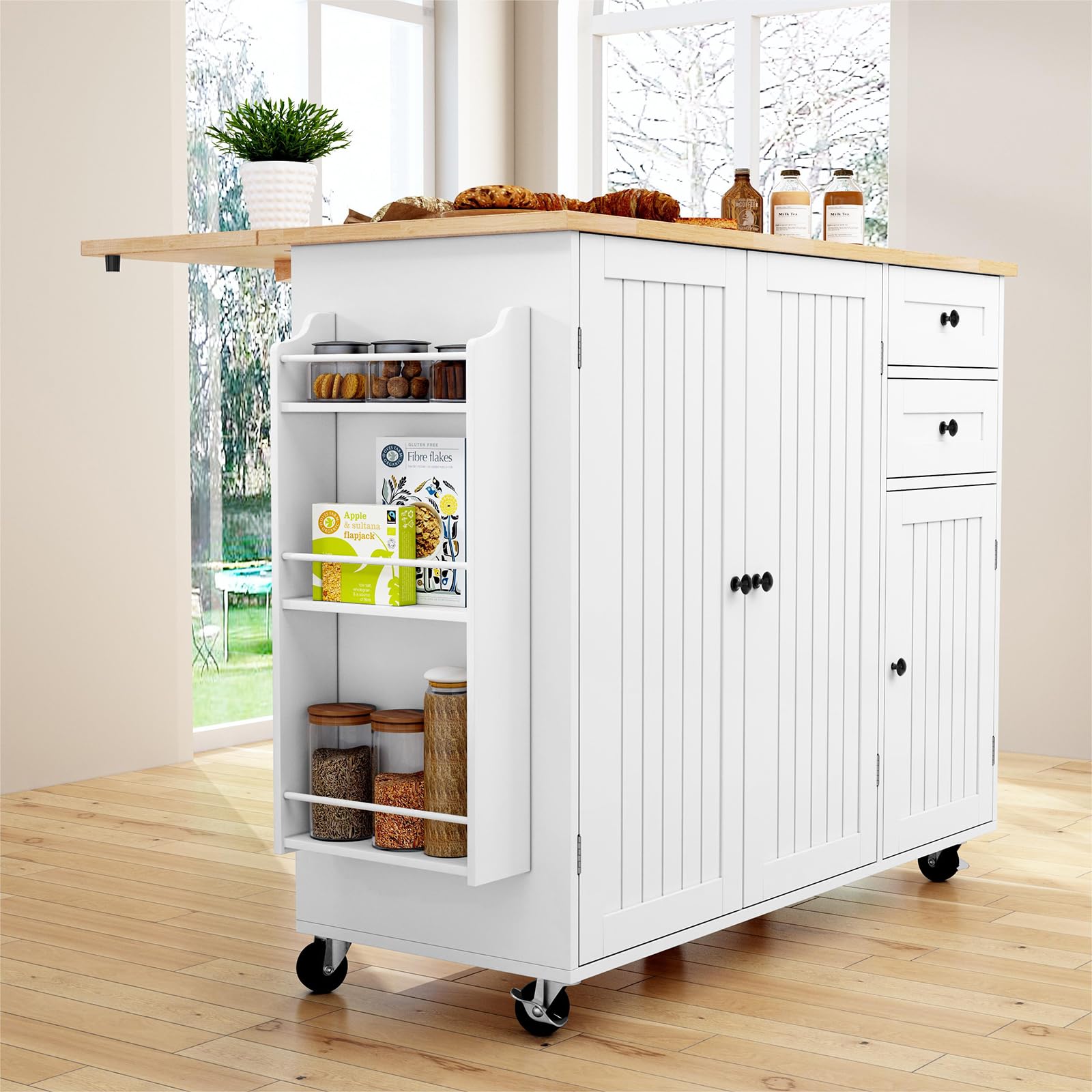 HLR Mobile Kitchen Island with Storage - Rolling Cart with Drop-Leaf Breakfast Bar, Spice Rack & Tower Shelves - Perfect for Small Kitchens, Apartments & Entertaining