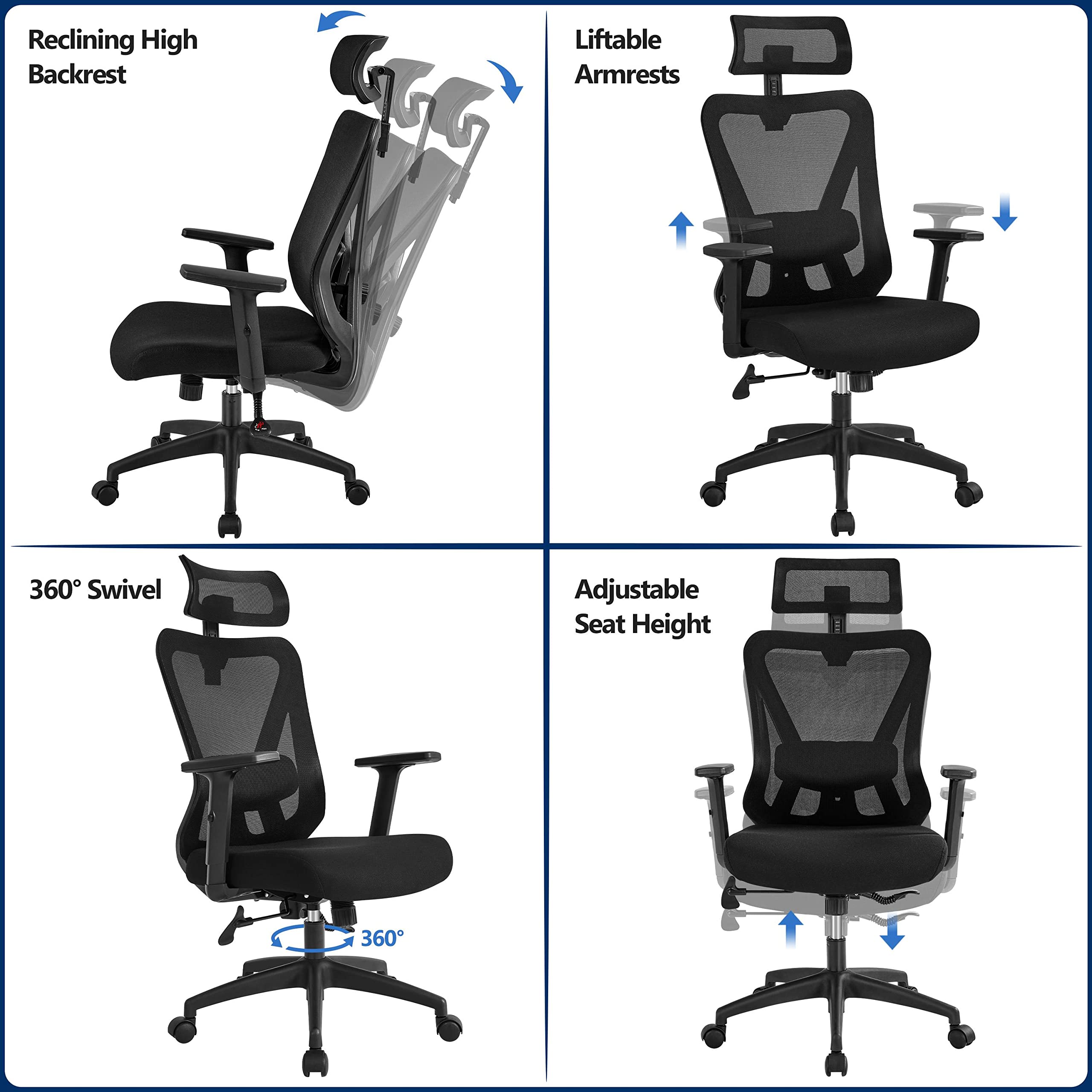 Yaheetech Ergonomic Office Chair - High Back Mesh Computer Chair with Adjustable Lumbar Support, Armrests & Headrest - Black - Perfect for Home Office, Gaming & Study Workspaces