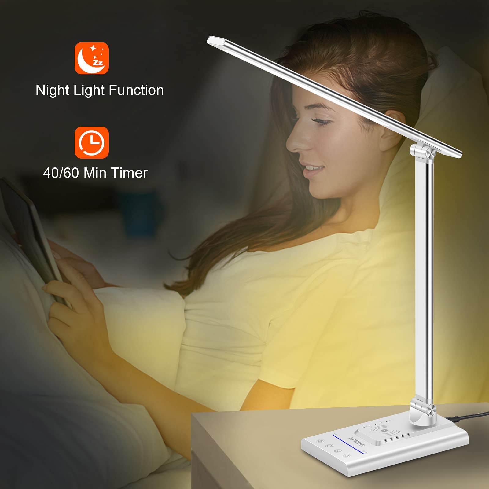 AFROG 5th Gen LED Desk Lamp with USB Charging Port - 1800Lux Super Bright, 5 Lighting Modes, 7 Brightness Levels, Touch Control & Auto Timer - 12W Office Table Lamp for Home, Study, Reading & Work