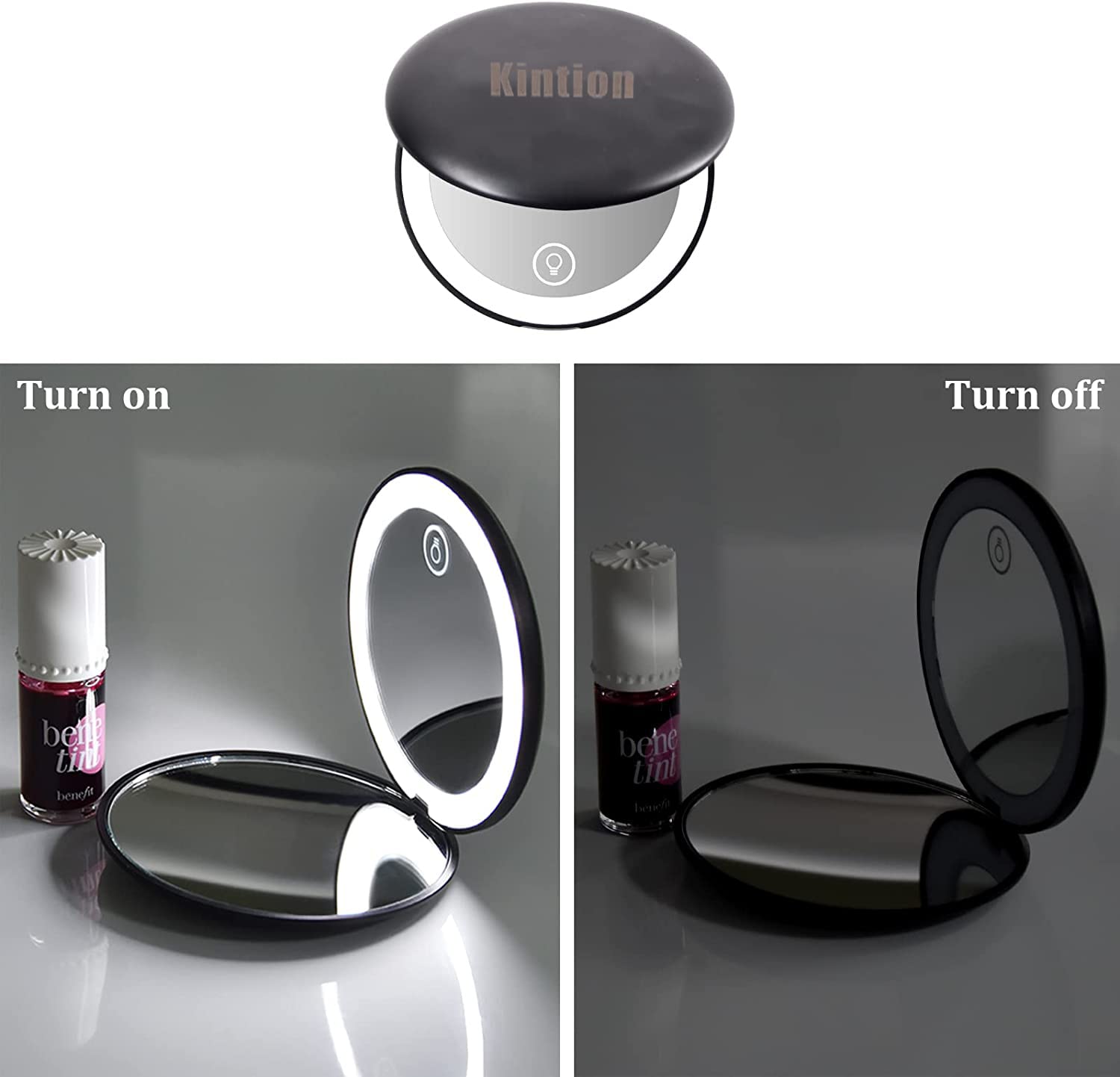 Kintion Rechargeable LED Compact Mirror with 1X/10X Magnification - Portable Folding Travel Makeup Mirror for Women, 2-Sided Handheld Round Purse Mirror with Light - Perfect for Home, Travel, and On-the-Go Touch Ups (Black)