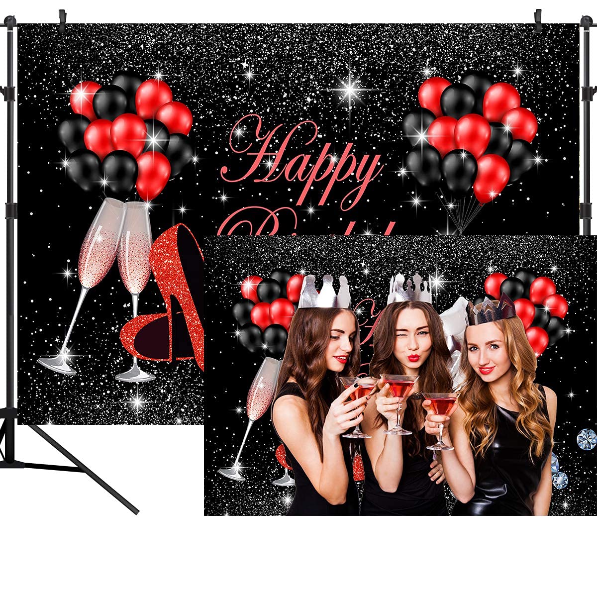 Silver & Black Happy Birthday Photography Backdrop with High Heels, Champagne Glasses & Red Balloons - 7x5ft Party Background for Women's Birthday, Photo Studio Booth Props - Perfect for Adult Celebrations, Bachelorette Parties & Social Media Photos
