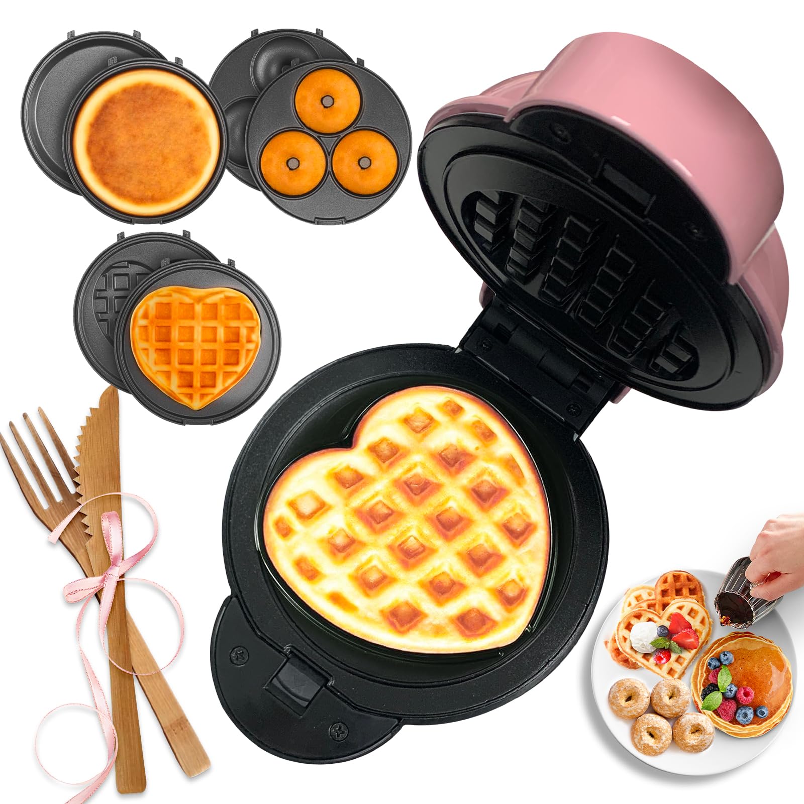 Mini Waffle Maker with 6 Removable Plates - 3-in-1 Multi-Function Heart Waffle Iron for Keto Diet, Kids & Family - 4