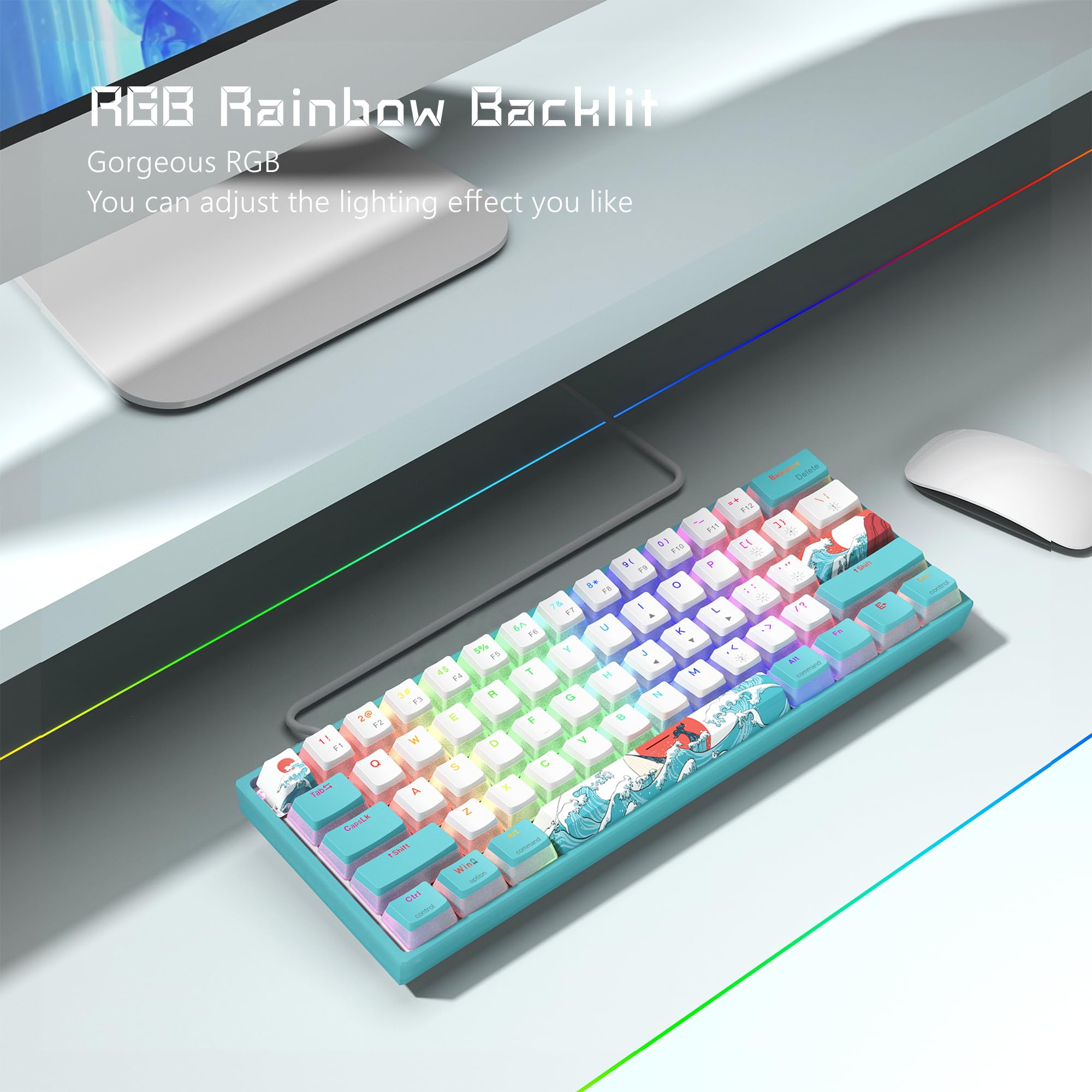 Womier WK61 60% RGB Mechanical Gaming Keyboard - Hot-Swappable, PBT Keycaps, Red Switch for PC Gamers
