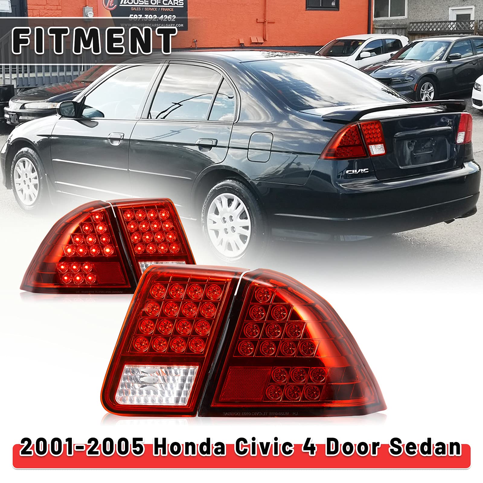 AUTOWIKI LED Tail Lights for 2001-2005 Honda Civic 4-Door Sedan - Red Rear Lamp Assembly (1 Pair) - Perfect for Night Driving & Car Upgrades