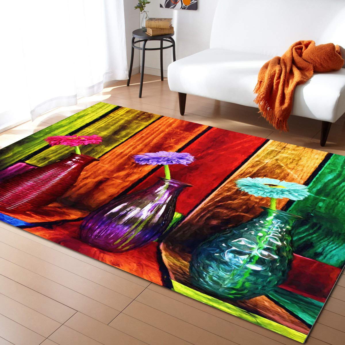 2' x 3' Large Area Rugs - Watercolor Flower Print Modern Throw Carpet for Nursery, Kids Room, Living Room & Bedroom | Non-Slip Floor Covering | Kitchen Runner Mat in Rainbow Retro Wood Design - Perfect for Home Decor, Play Areas and Cozy Spaces