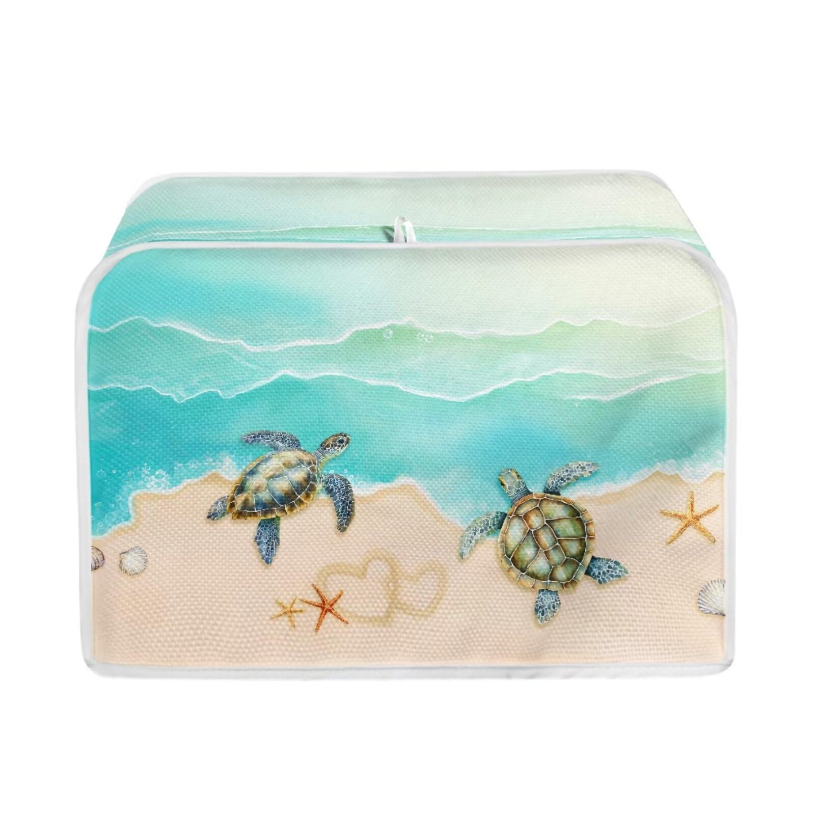 Sea Turtle Print Toaster Oven Cover - Starfish Beach Design Dust Protector for 2-Slice Toasters - Anti-Dust & Fingerproof Bread Maker Machine Cover in Green & Brown - Perfect for Kitchen, Beach House & Coastal-Themed Decor
