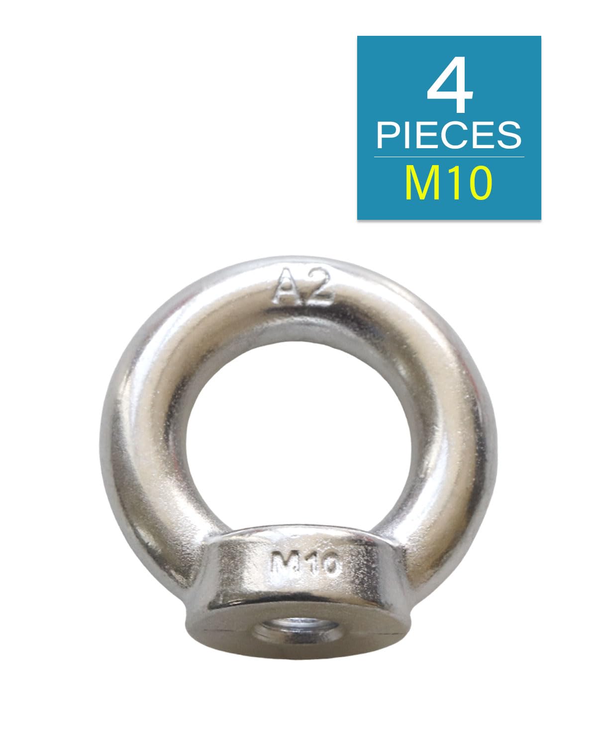 M10 Eye Nuts - 304 Stainless Steel Eye Bolts with Threaded Screw - Heavy Duty Hardware for Home Repair, Construction & DIY Projects (Pack of 4) - Perfect for Lifting, Rigging & Securing Loads