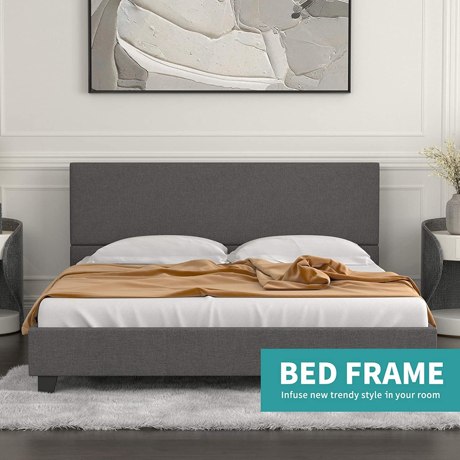 Full Size Bed Frame with Headboard - Wood Slat Support Platform Bed, No Box Spring Needed - Sturdy Low Profile Design for Modern Bedrooms & Guest Rooms