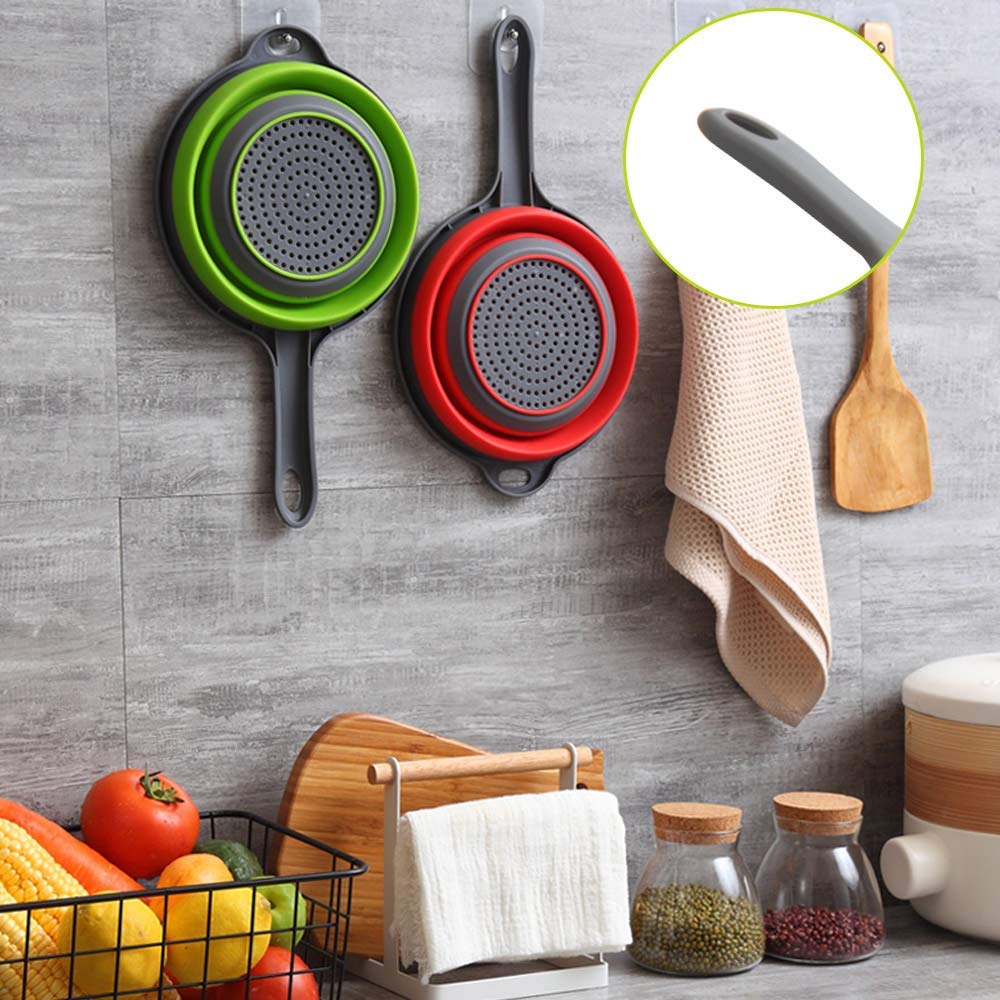 2 Pack Foldable Silicone Colanders with Handles - Space Saving Collapsible Strainer for Pasta, Vegetables, Fruits | Dishwasher Safe Kitchen Strainer for Small Spaces, Camping & RV Cooking (Green & Red)