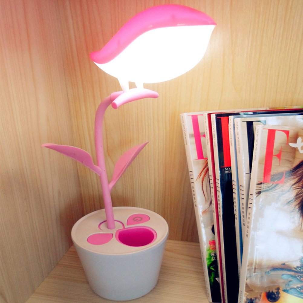 Stylish USB LED Desk Lamp - Bird Shape Touch-Sensitive Table Light with Flowerpot Base (Pink) | Perfect for Home Office, Study Room & Bedside Night Light