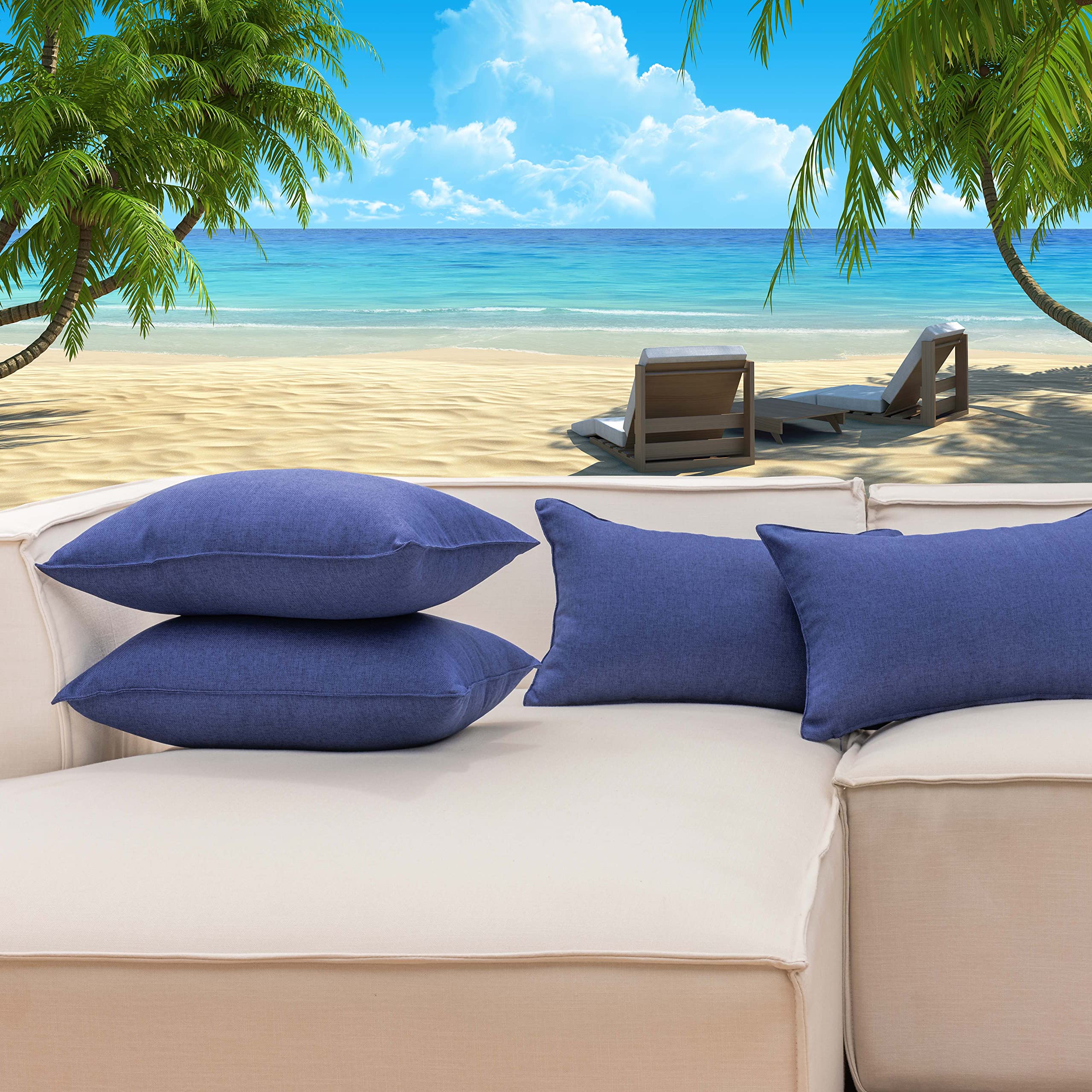 Waterproof Outdoor Patio Pillow Covers - 12x20 Inch Rectangle Linen Farmhouse Decorative Throw Pillows (Set of 4, Dark Blue) for Porch, Garden, Living Room & Bedroom Decor
