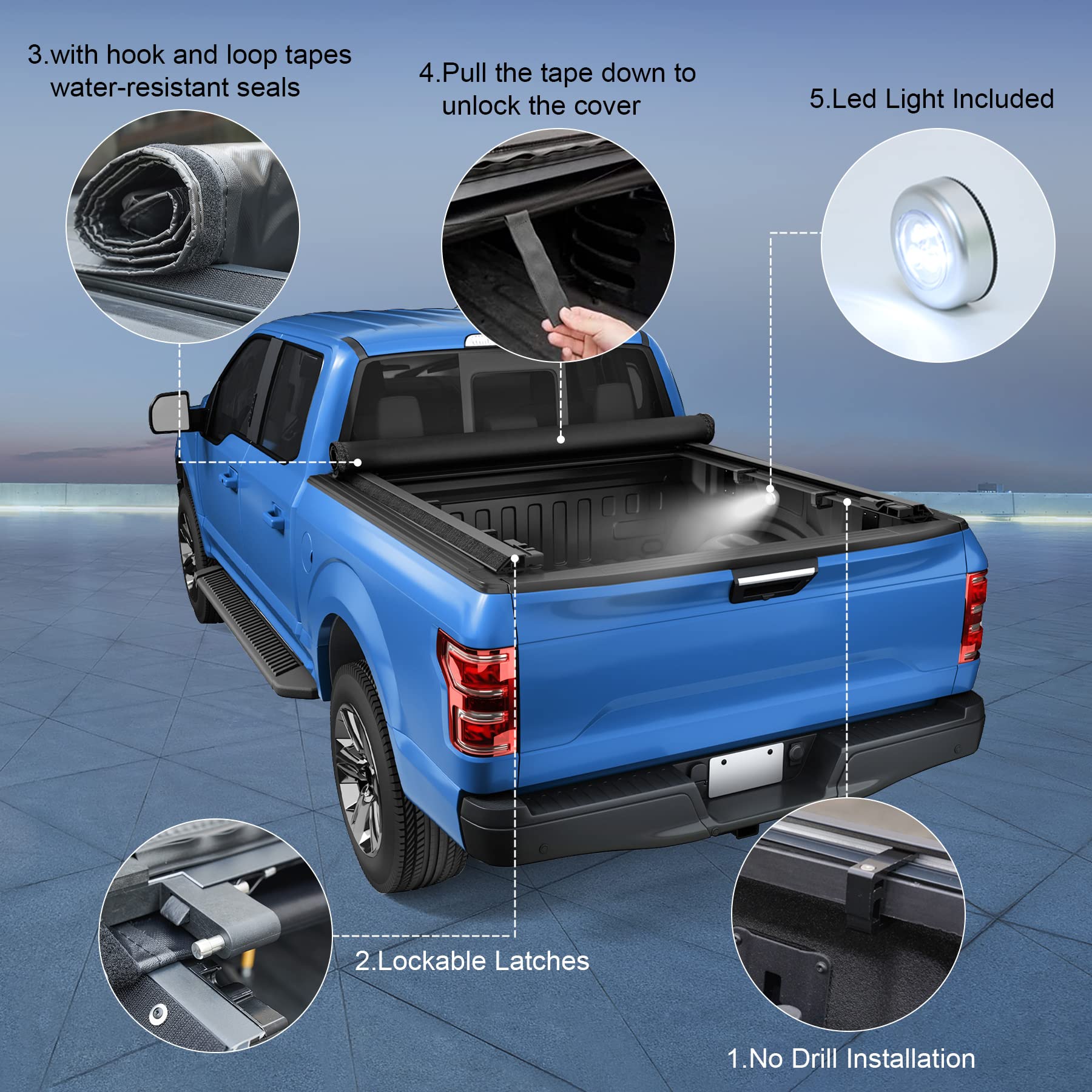 CARMOCAR Soft Roll-Up Truck Bed Tonneau Cover for 2019-2024 Ford Ranger 5FT | Waterproof Pickup Truck Bed Cover with LED Light | Easy Installation & Durable Protection (Not for Models with Factory Utility Track System & Roll Bar) | Perfect for Camping, Hauling & Outdoor Adventures