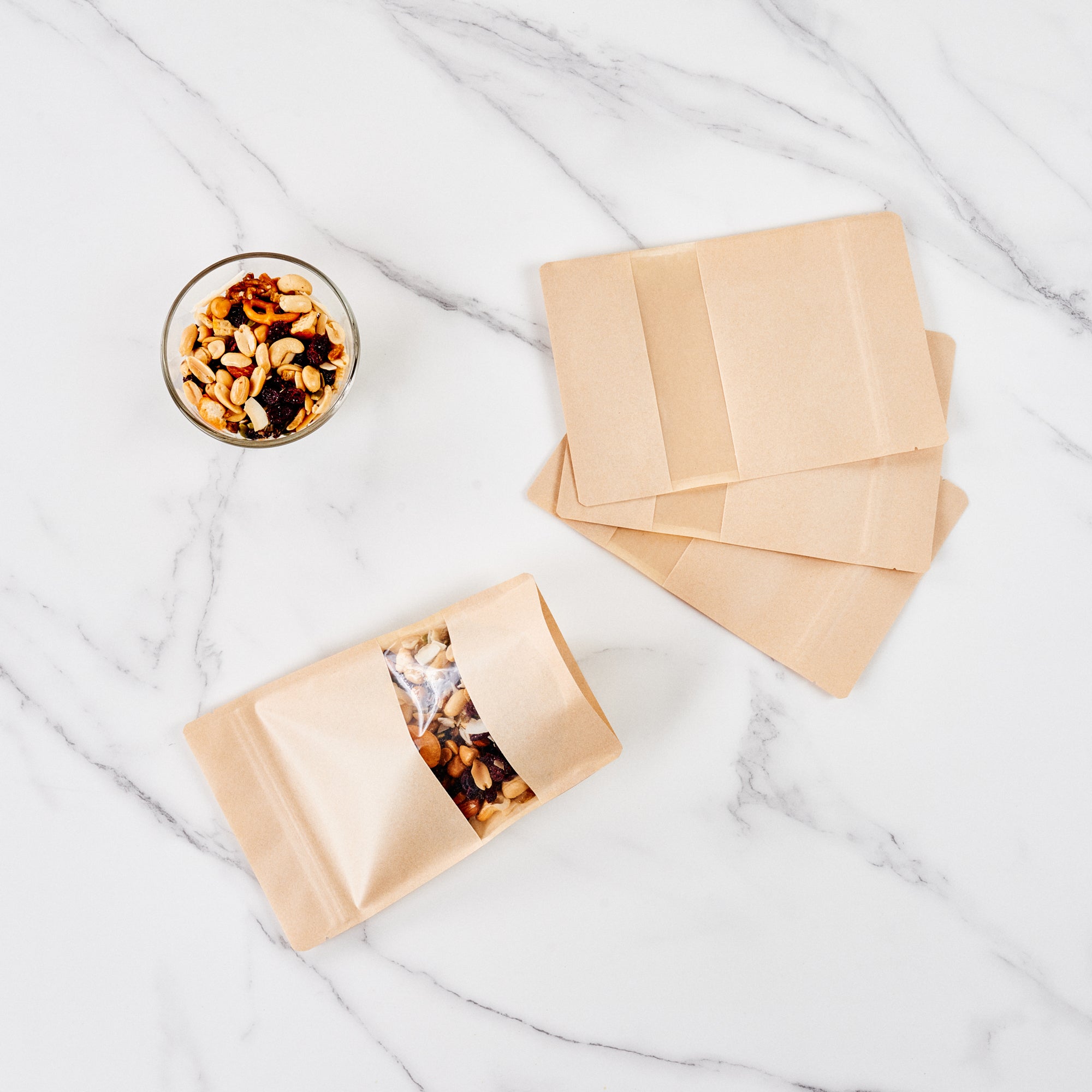 Kraft Plastic Large Window Bags with Heat Sealable Feature - 9 x 6 x 1.5 Inches - Pack of 100 - Perfect for Bakery, Coffee Beans & Retail Packaging