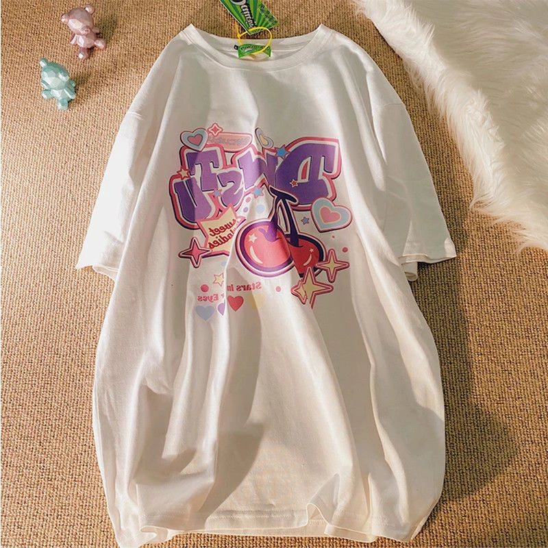 Cartoon Fruit Print Women's T-Shirt - Cute Oversized Y2K Harajuku Style Short Sleeve Tee for Women & Girls | Perfect for Casual Wear, Street Fashion & Retro Outfits