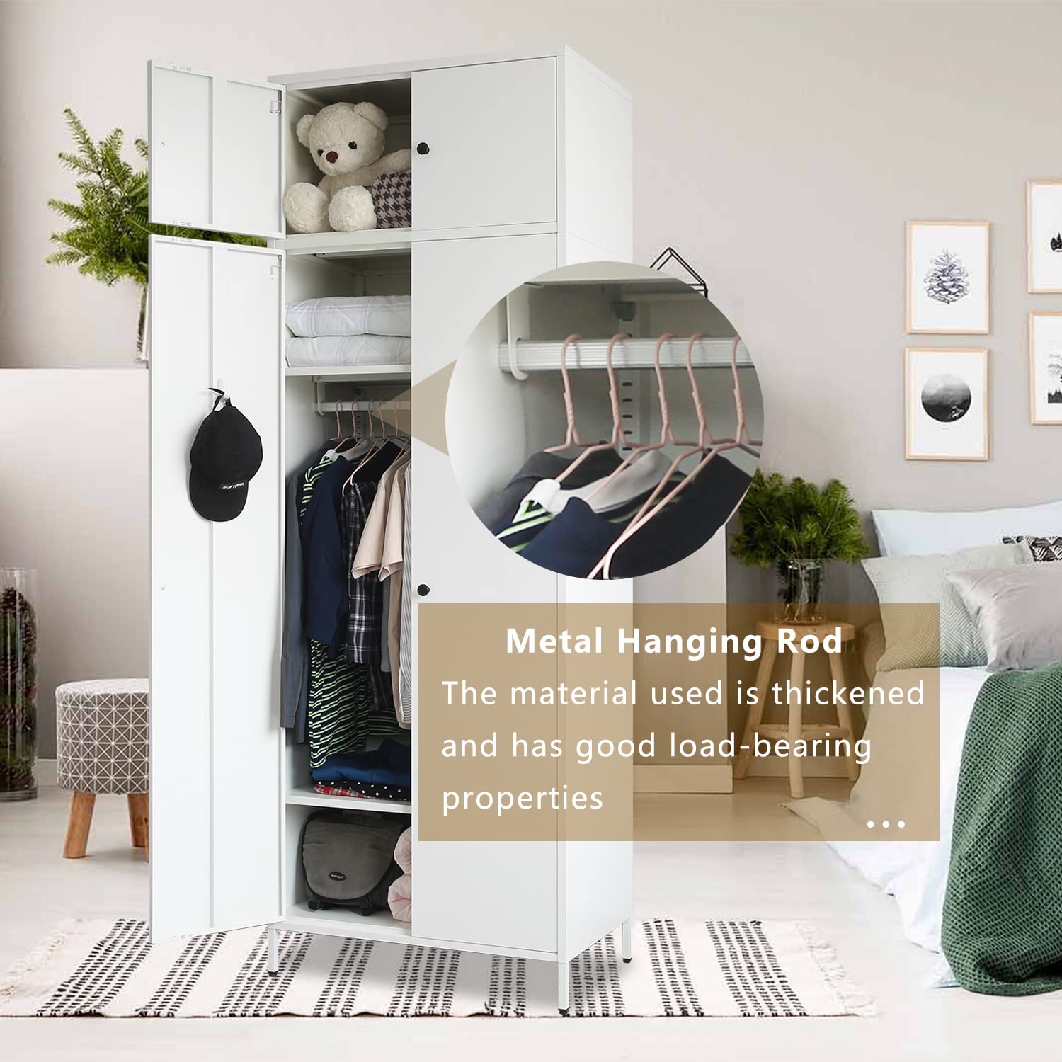 BESFUR Freestanding Wardrobe Closet - White Metal Armoire with Adjustable Hanging Rod & Storage Cabinet (20