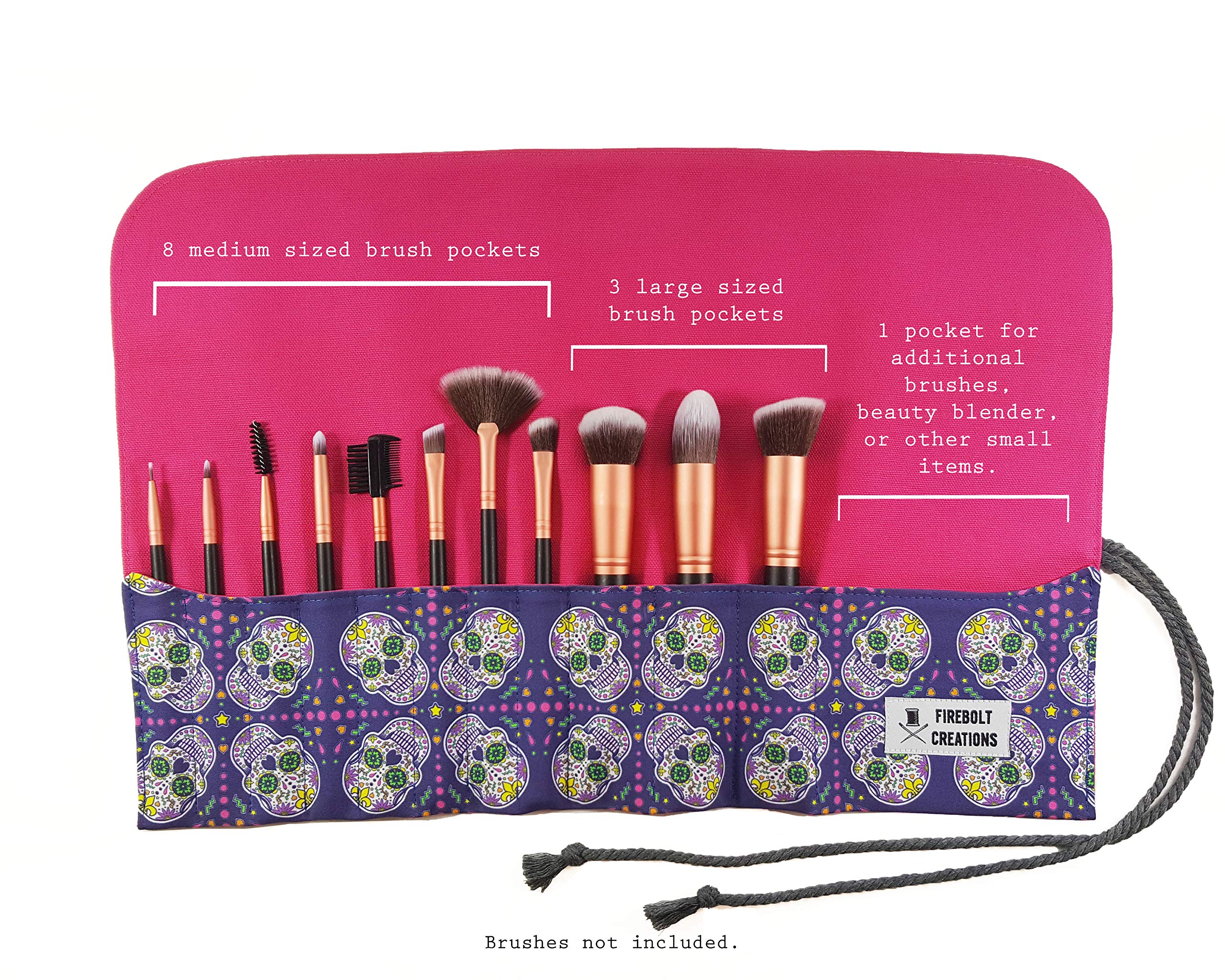 Sugar Skull Makeup Brush Holder Roll - Portable Cosmetic Brush Organizer for Travel & Home Use - Perfect for Halloween, Dia de los Muertos, and Everyday Makeup Storage