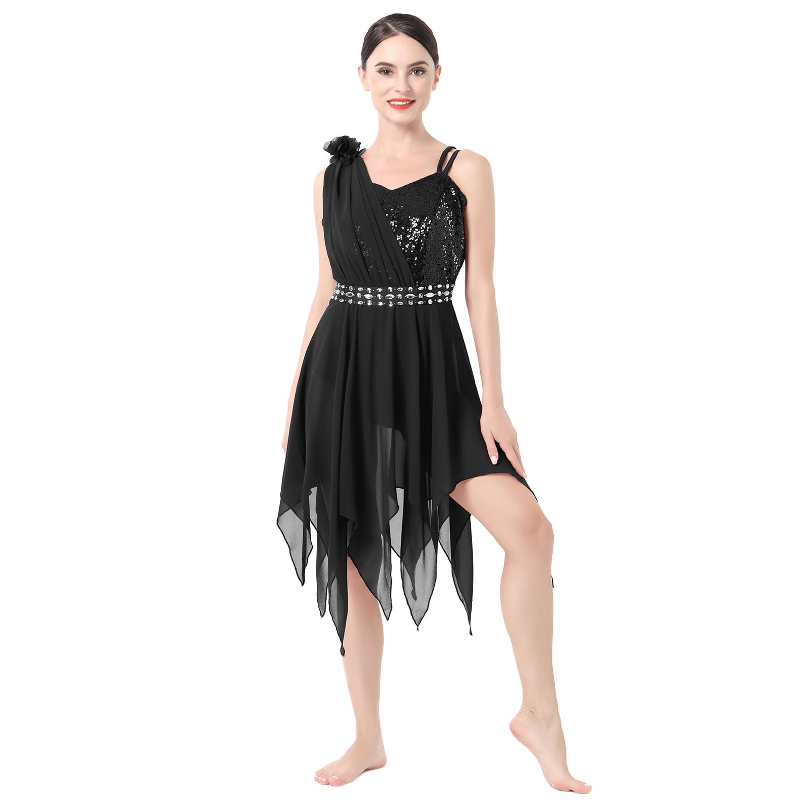 AFAVOM Women's Lyrical Dance Costume - Sparkling Sequin Flower Asymmetrical Flowy Tulle Skirt Dress for Contemporary & Ballet Performance | Perfect for Stage Shows, Competitions, and Dance Recitals