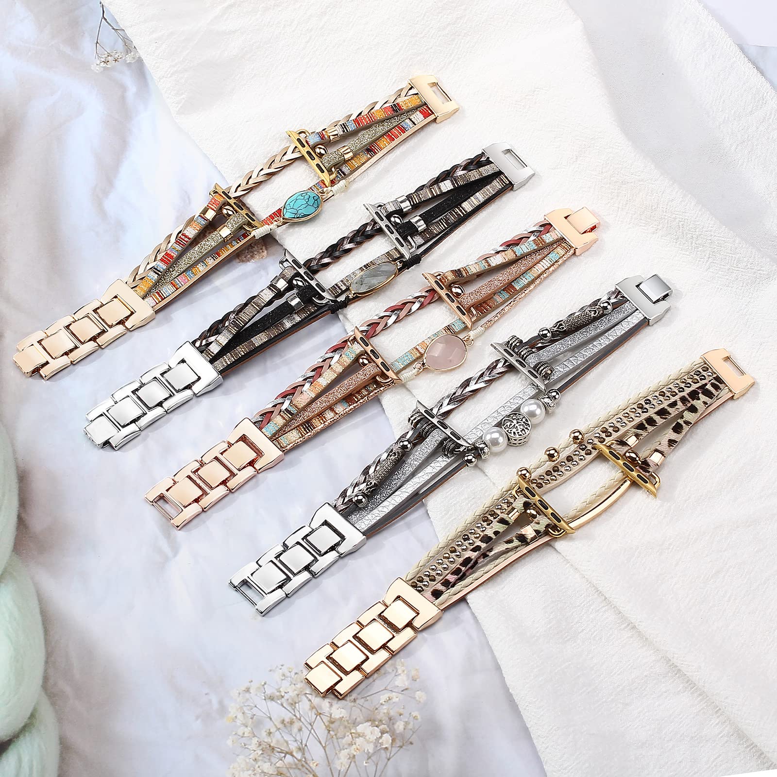Boho Leather Apple Watch Band Compatible with Series 10/9/8/7/6/SE/Ultra 2/5/4/3/2/1 - Adjustable Wrap Strap for 38mm 40mm 41mm 42mm 44mm 45mm 46mm 49mm - Fashionable Unisex Bracelet for Workout, Office & Casual Wear