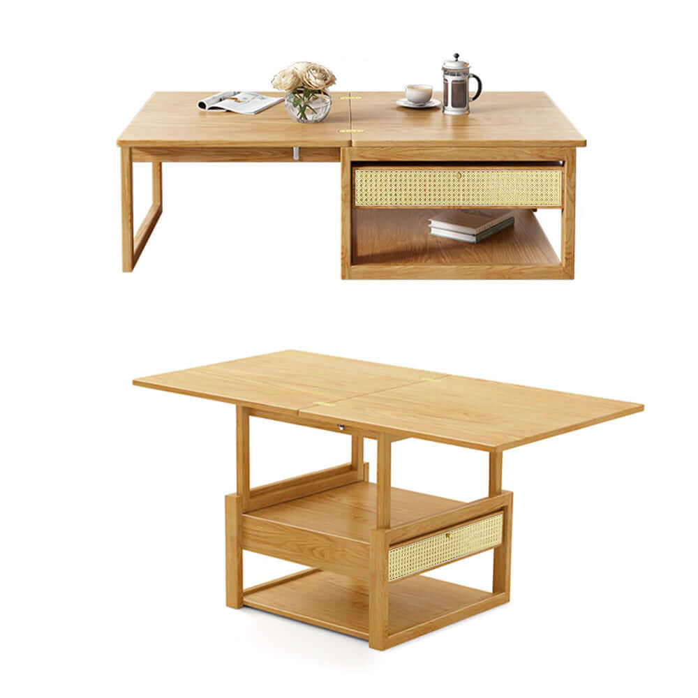 Modern Japandi Style Wooden Folding Coffee Table Set with Rattan Nesting Accent - Space-Saving Dining Table for Small Living Rooms, Apartments & Outdoor Patios