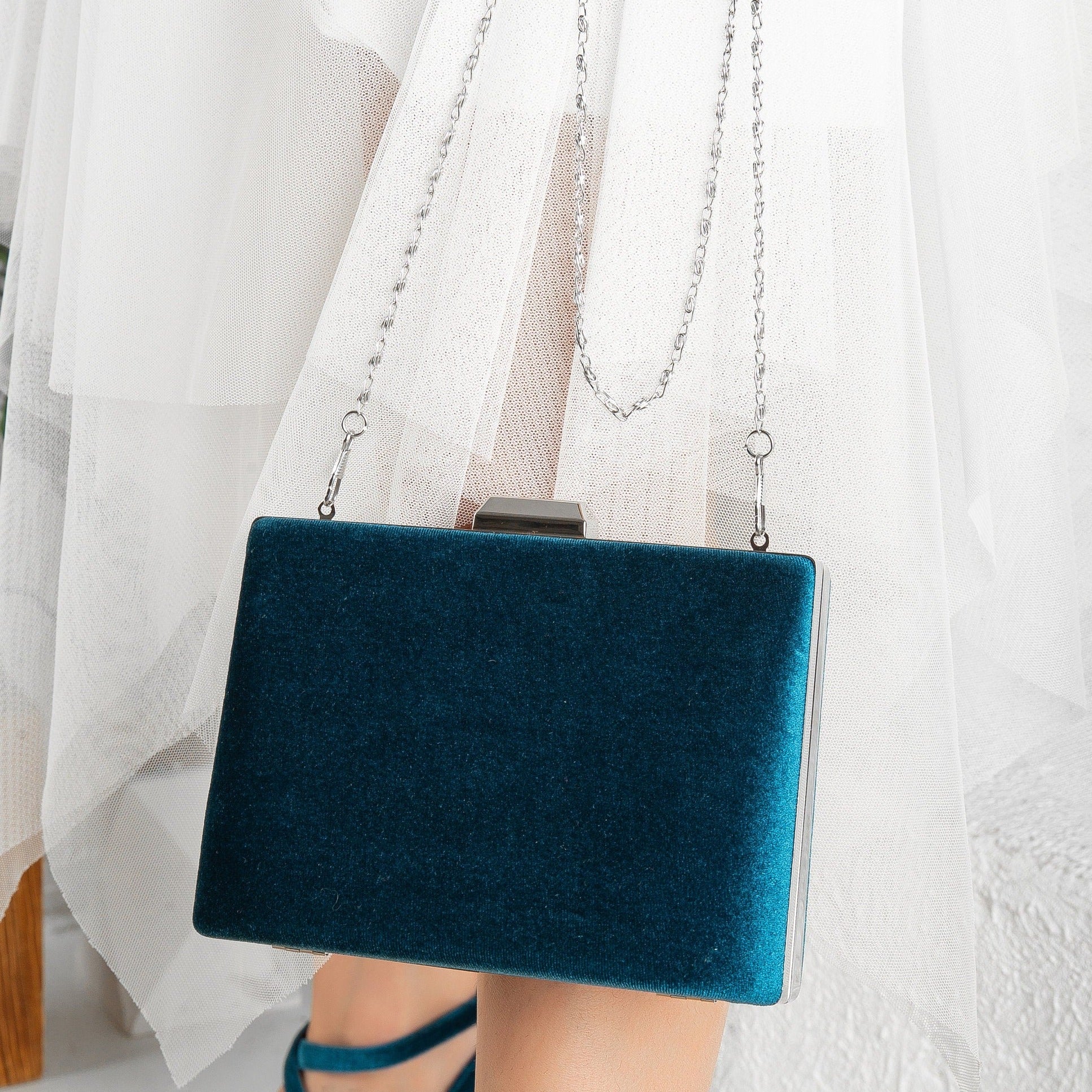 Alba Teal Blue Velvet Clutch - Elegant Evening Bag for Women | Perfect for Parties, Weddings & Special Occasions