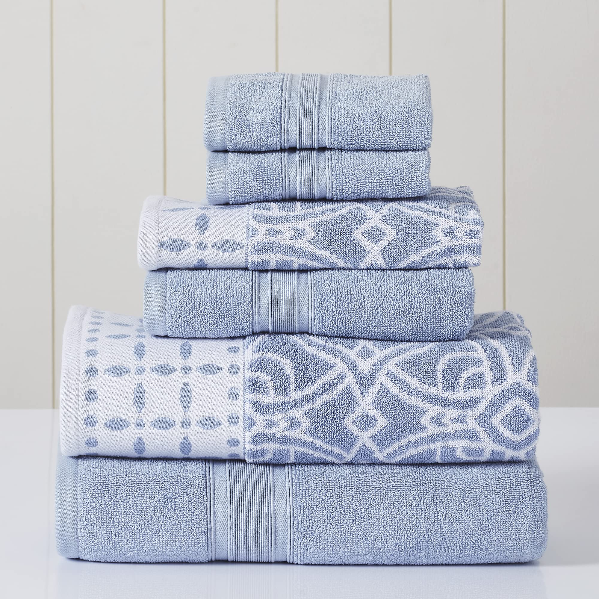 Premium 6-Piece Towel Set - 2 Bath Towels, 2 Hand Towels, 2 Washcloths | Yarn-Dyed Jacquard & Solid Design in Monroe Blue | Soft & Absorbent for Bathroom, Spa & Guest Room