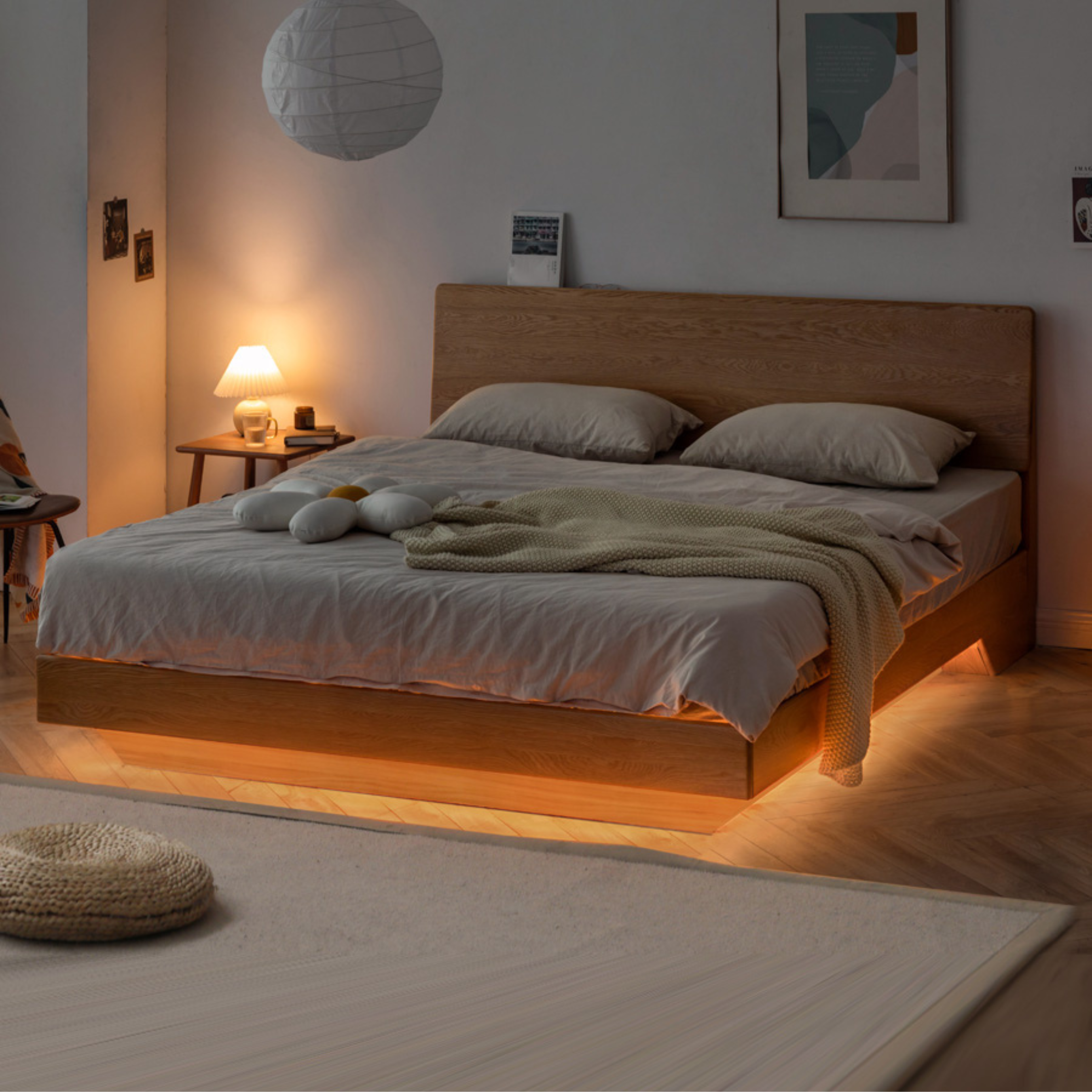 Solid Oak & Black Walnut Wood Floating Platform Bed with LED Lighting - Modern Bedroom Furniture for Contemporary Home Decor