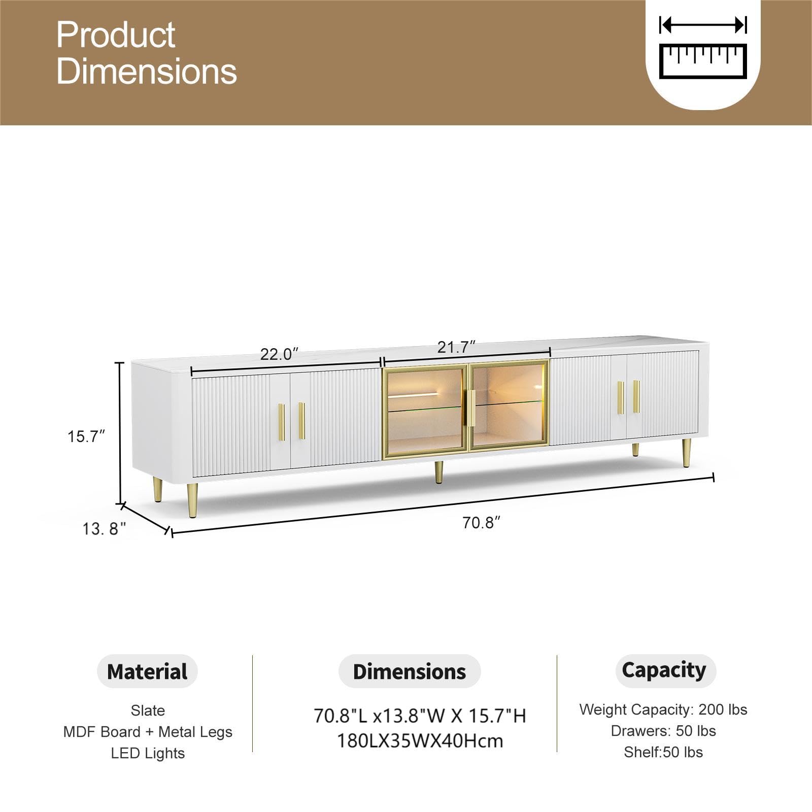 IKIFLY Modern TV Stand for 85+ Inch TVs - White LED Slate Entertainment Center with Glass Storage Cabinets & Adjustable LED Lights - Perfect for Living Room, Home Theater & Gaming Setup