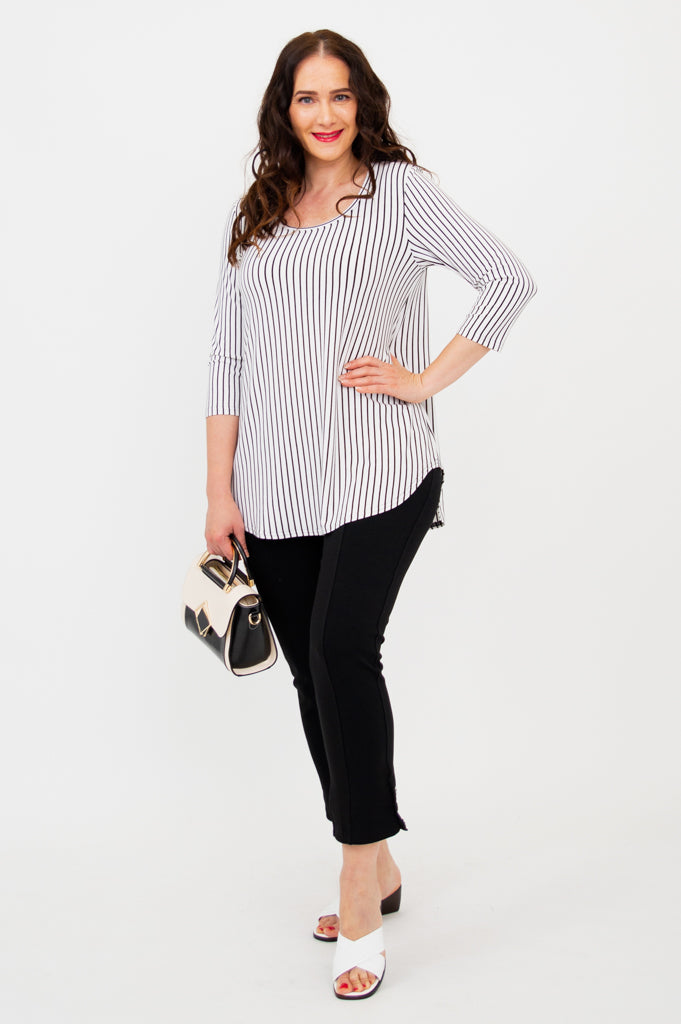 Jazz 3/4 Sleeve Top for Women - White & Black Small Stripe Bamboo Viscose Blouse - Breathable & Comfortable Summer Tops - Perfect for Casual Wear, Office Outfits & Date Nights