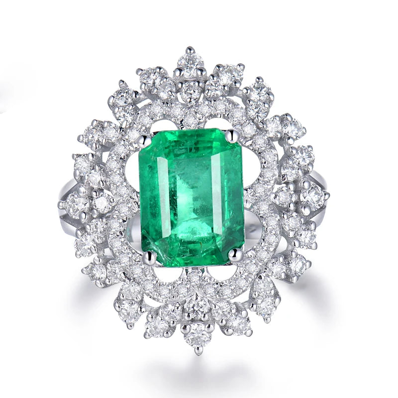 18K White Gold Emerald & Diamond Ring for Women - Elegant Luxury Jewelry for Engagement, Wedding & Special Occasions