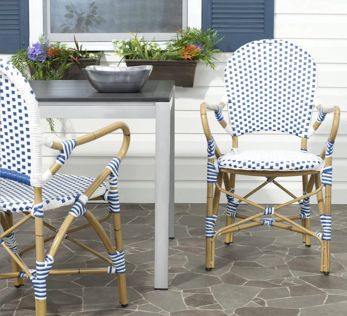 Blue and White Stacking Bistro Armchair - Outdoor Patio Dining Chairs, Lightweight & Durable for Restaurant, Cafe, Garden, Poolside and Backyard Use