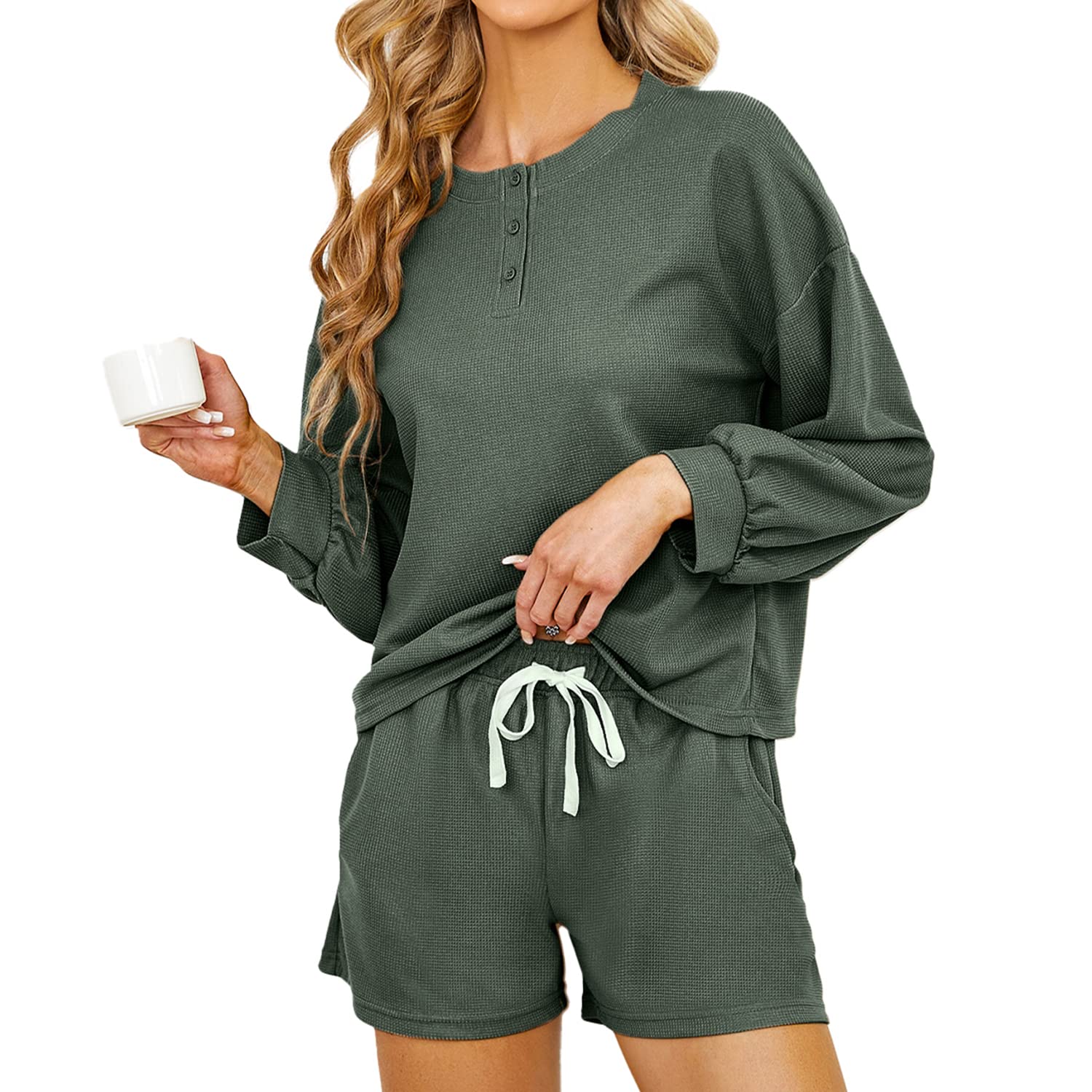 HEARTNICE Women's Waffle Knit Pajama Set - Long Sleeve Top & Shorts with Pockets | 2-Piece Comfortable Lounge Sleepwear for Women | Perfect for Sleepovers, Relaxing at Home & Cozy Nights