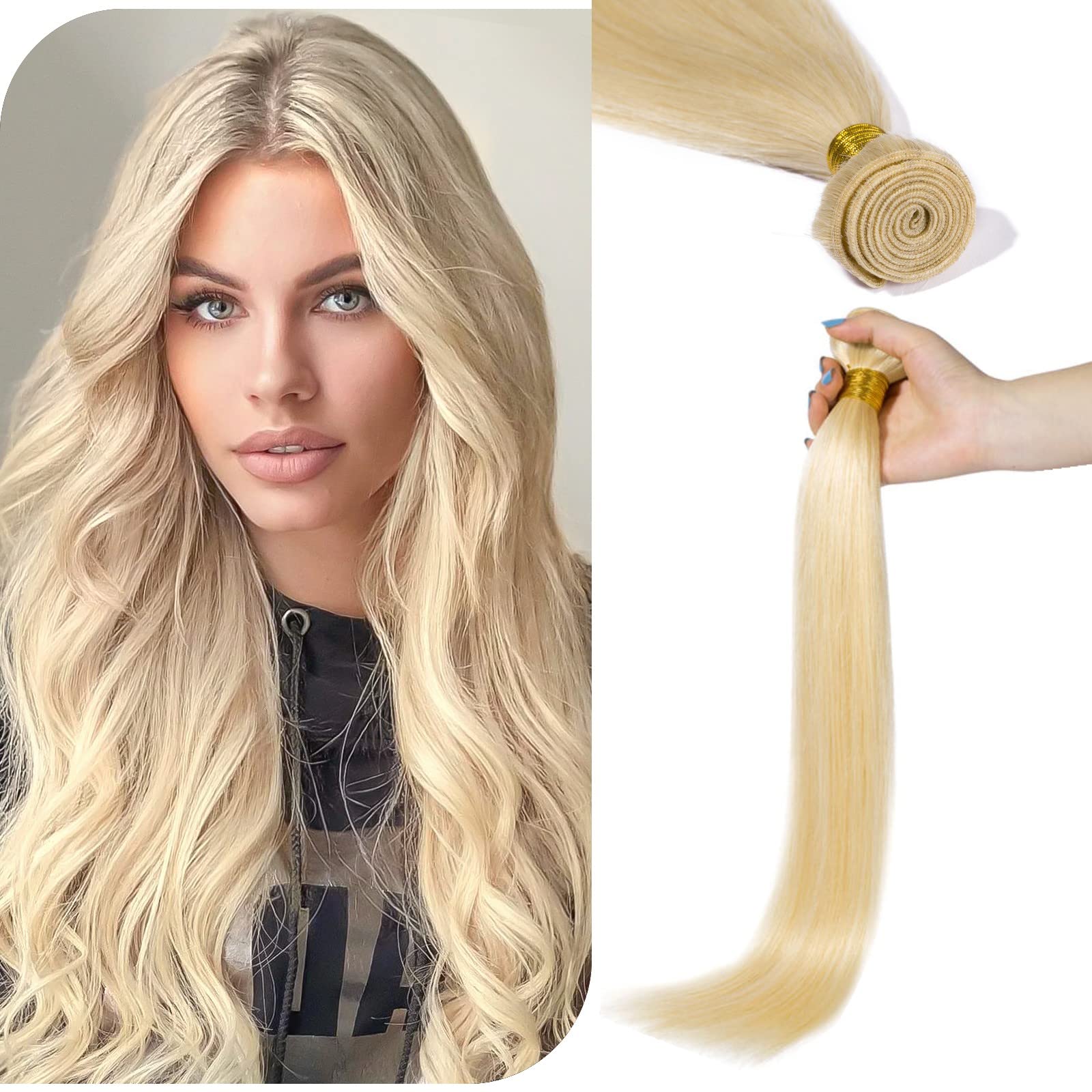 Benehair 24 Inch Straight Brazilian Human Hair Bundles - 100% Unprocessed Virgin Remy Hair Extensions #613 Bleach Blonde (100g) for Natural Look & Daily Styling