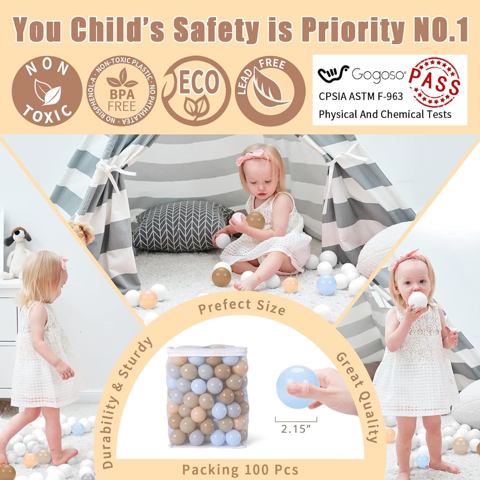 GOGOSO Non-Toxic Crush Proof Play Balls for Toddlers - Pack of 50/100/200, 2.2-Inch Phthalate-Free & BPA-Free Plastic Ball Pit Balls - Perfect for Indoor Playrooms, Daycares, and Sensory Play Activities