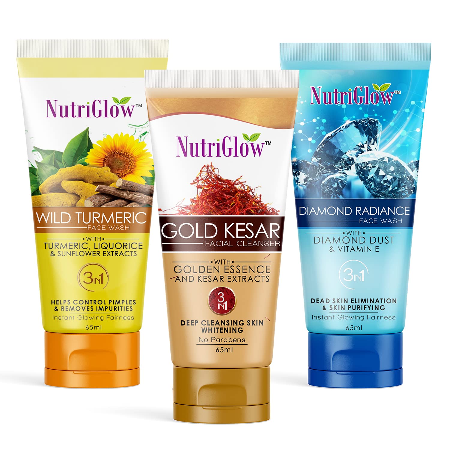 NutriGlow Diamond Radiance Face Wash with Neem, Tulsi & Wild Turmeric - Reduces Pigmentation, Fights Pollution & Dust - 65ml (Pack of 3) - Perfect for Daily Cleansing & Brightening Skin