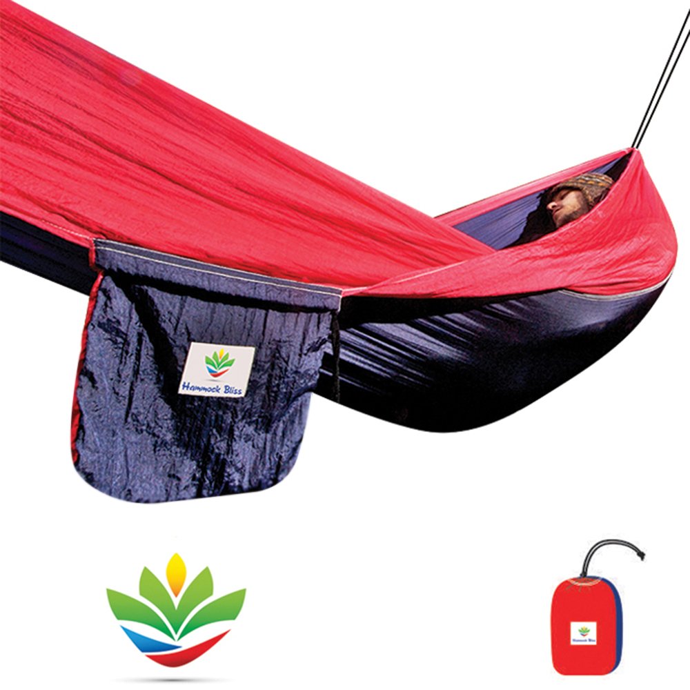 Best Single Camping Hammock - Ultra Lightweight & Portable for Outdoor Adventures, Hiking, Travel - Extra Long Design for Maximum Comfort - Perfect for Backpacking, Beach Trips & Backyard Relaxation (Navy/Red)